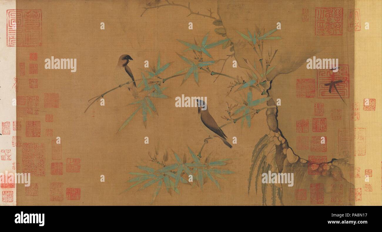 Finches and bamboo. Artist: Emperor Huizong (Chinese, 1082-1135; r. 1100-25). Culture: China. Dimensions: Image: 13 1/4 × 21 13/16 in. (33.7 × 55.4 cm)  Overall with mounting: 13 3/4 in. × 27 ft. 6 5/16 in. (34.9 × 839 cm). Date: early 12th century.  Huizong was the eighth emperor of the Song dynasty and the most artistically accomplished of his imperial line. Finches and Bamboo exemplifies the realistic style of flower-and-bird painting practiced at Huizong's academy. Whether making a study from nature or illustrating a line of poetry, however, the emperor valued capturing the spirit of a su Stock Photo