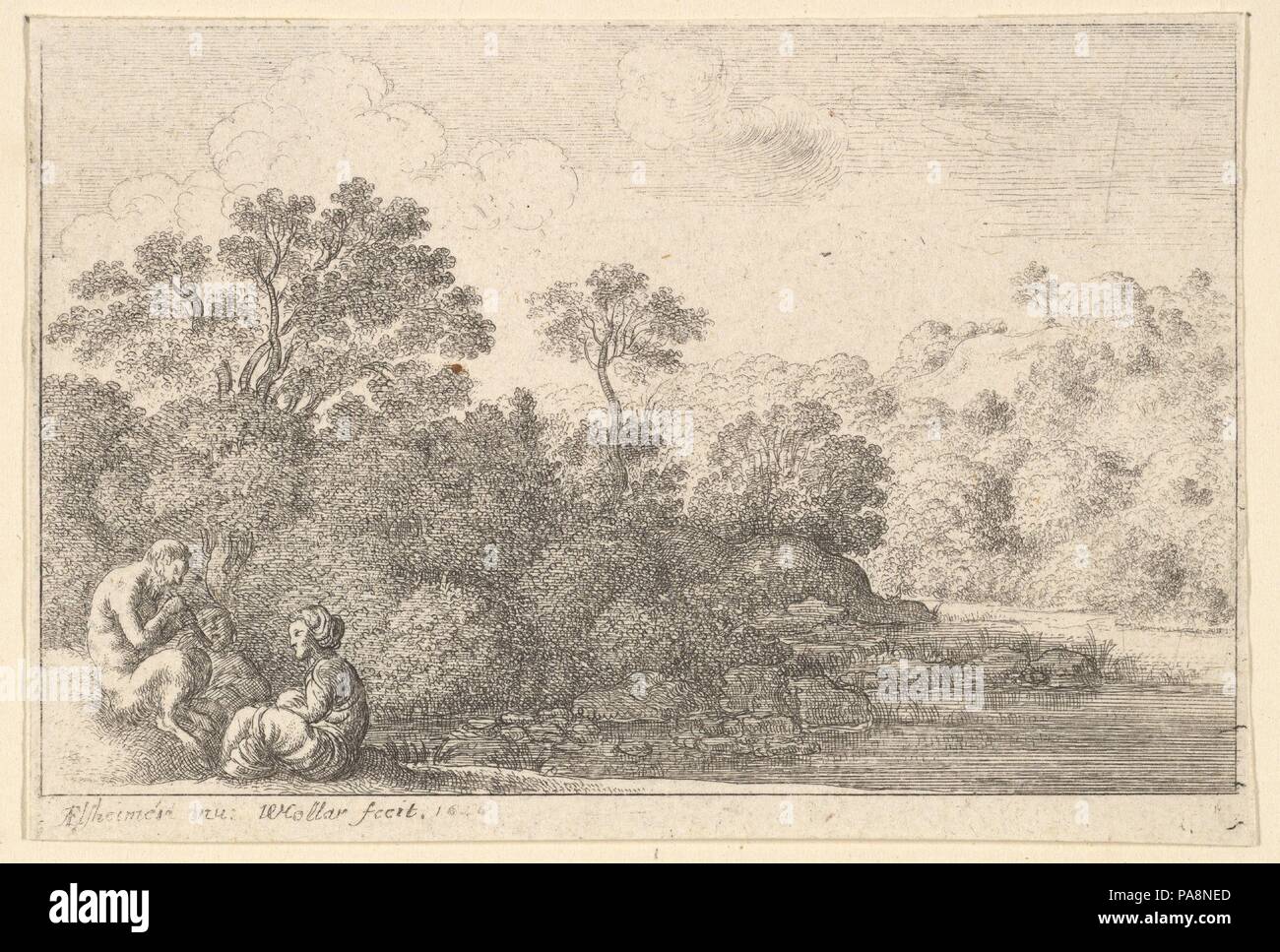 Satyr and two nymphs. Artist: after Adam Elsheimer (German, Frankfurt 1578-1610 Rome); Wenceslaus Hollar (Bohemian, Prague 1607-1677 London). Dimensions: Plate: 2 5/8 × 3 3/4 in. (6.6 × 9.5 cm). Date: 1646.  Wooded landscape with a satyr seated on a hillock in foreground at left. He is playing the pipes to two nymphs. Museum: Metropolitan Museum of Art, New York, USA. Stock Photo