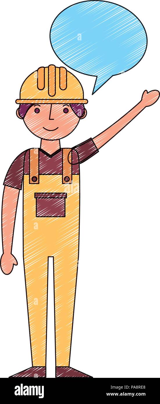 worker contruction in yellow overalls speech bubble Stock Vector