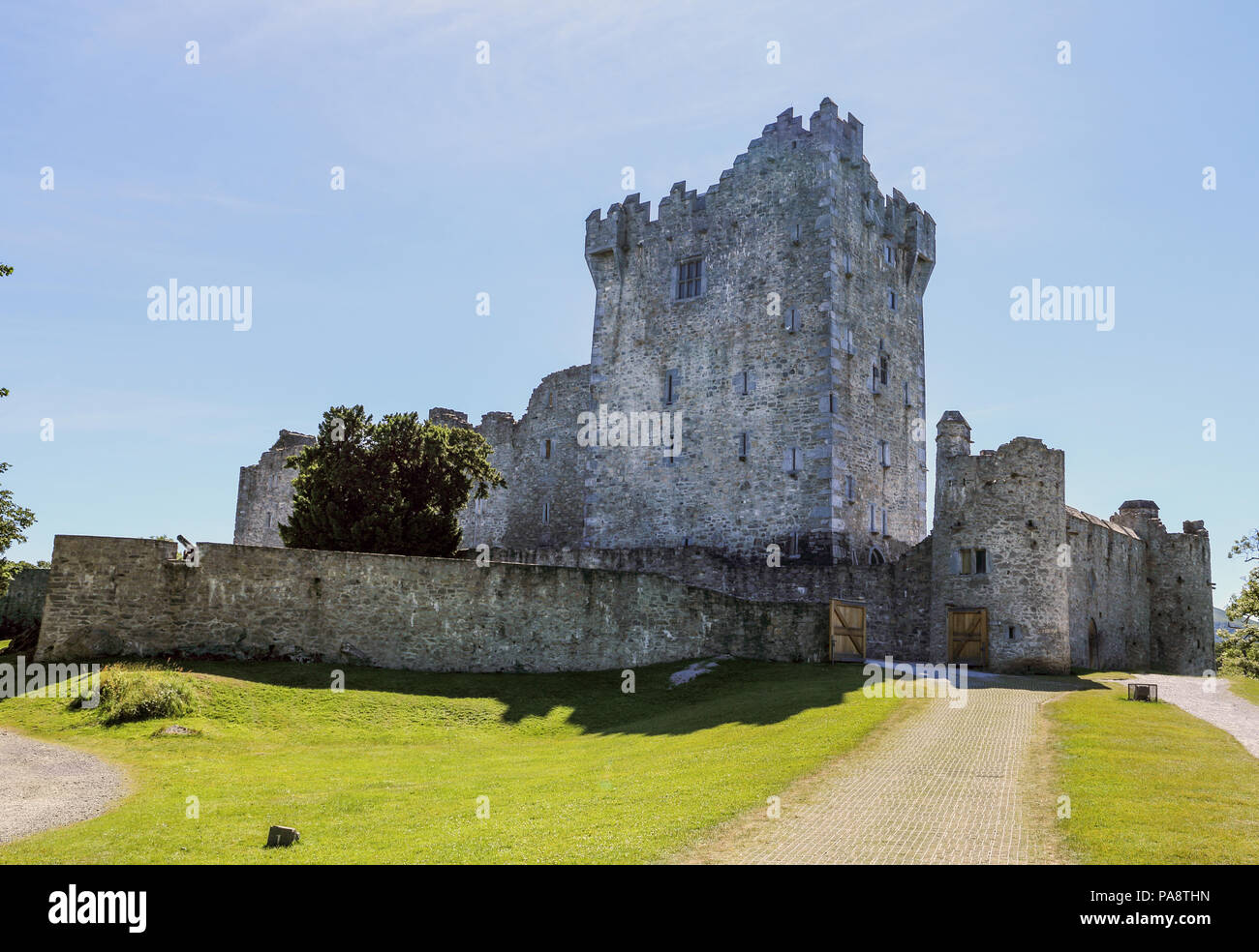 Ross Castle is a 15th-century tower house and keep on the edge of Lough Leane, in Killarney National Park, County Kerry, Ireland. Stock Photo