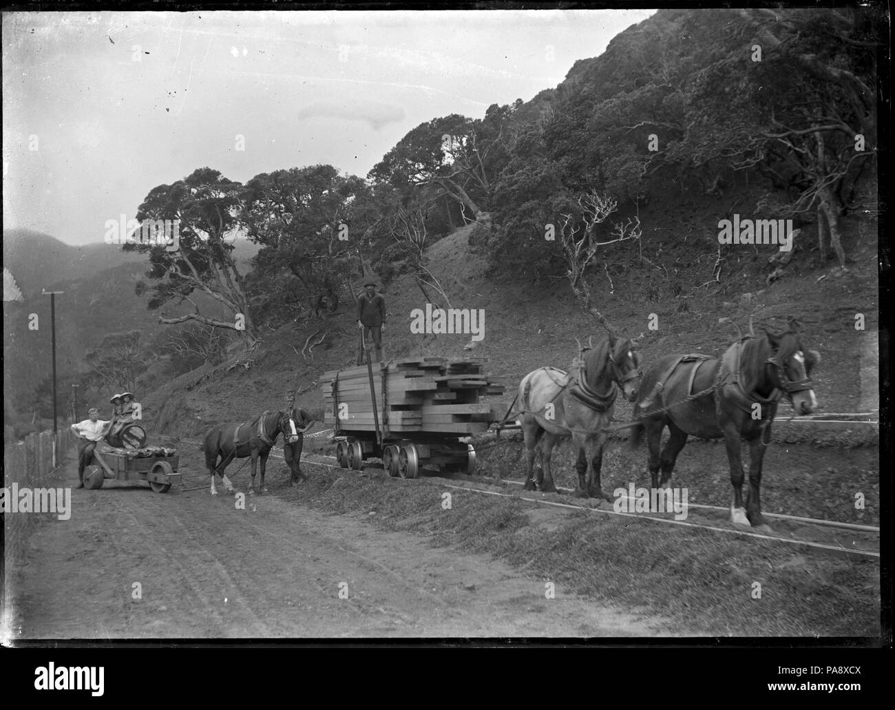 Wagonways 115 Horse-drawn rail timber wagon laden with sawn timber, near Karekare ...