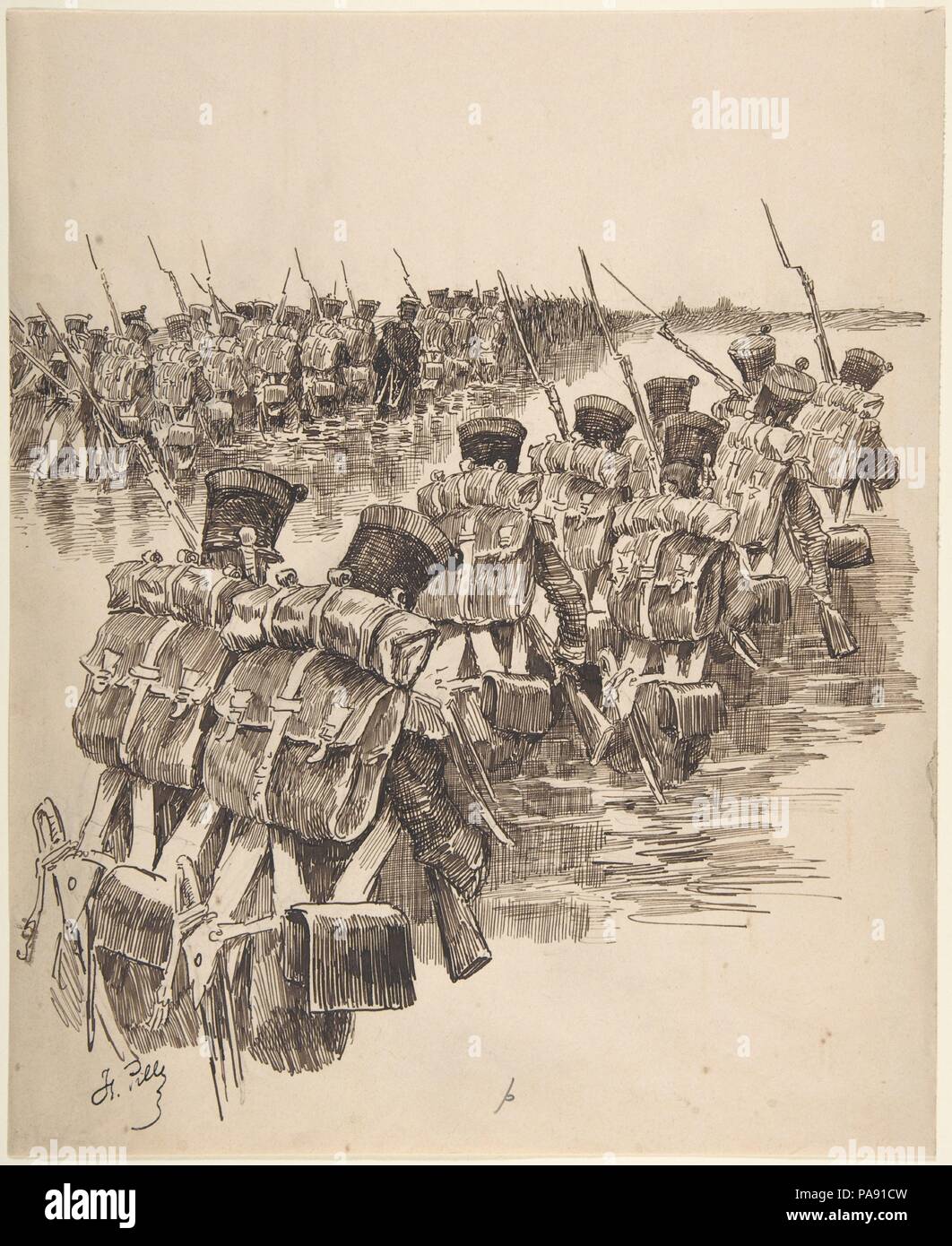 Soldiers Marching in Water. Artist: Charles-Henri Pille (French, Essones 1844-1897 Paris). Dimensions: 10 3/4 x 8 3/4 in.  (27.3 x 22.2 cm). Date: 19th century. Museum: Metropolitan Museum of Art, New York, USA. Stock Photo