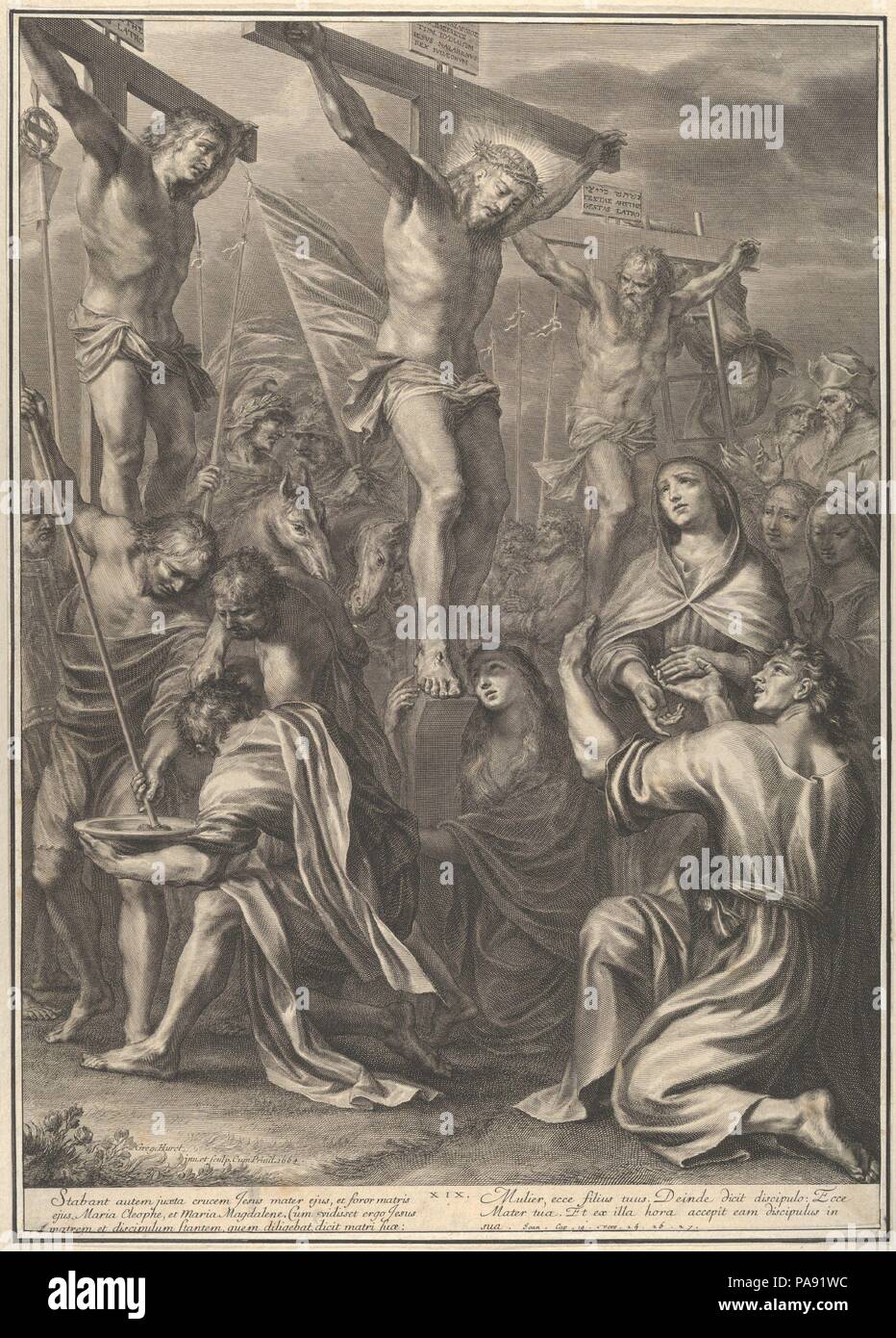 Christ on the Cross with St. Mary and St. John, from The Passion of Christ,  plate 19. Artist: Grégoire Huret (French, Lyon 1606-1670 Paris).  Dimensions: Sheet: 19 11/16 in. × 14 in. (