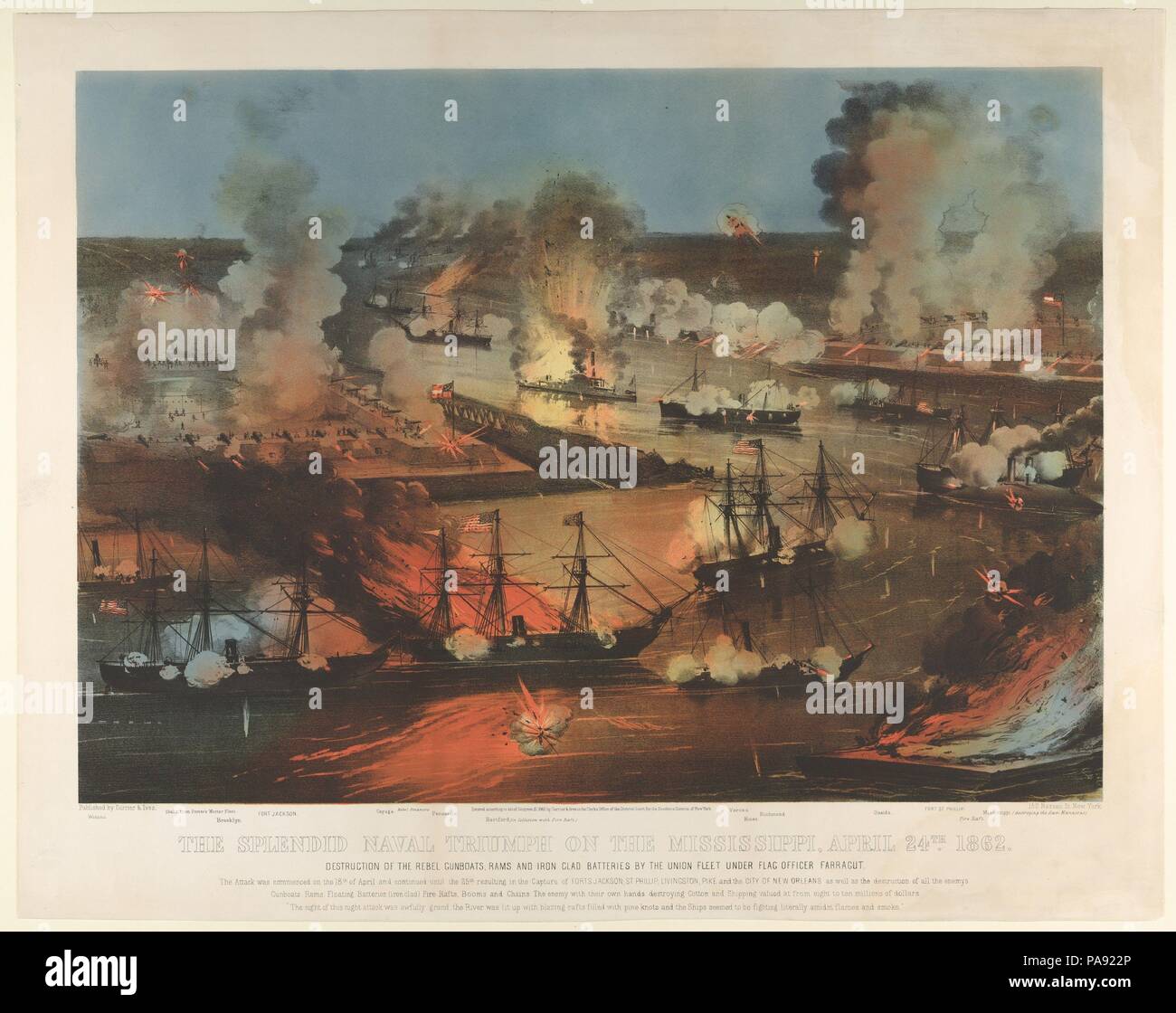 The Splendid Naval Triumph on the Mississippi, April 24th, 1862: Destruction of the Rebel Gunboats, Rams, and Iron Clad Batteries by the Union Fleet under Flag Officer Farragut. Dimensions: Image: 15 7/8 × 22 1/4 in. (40.4 × 56.5 cm)  Sheet: 19 3/4 × 24 13/16 in. (50.2 × 63 cm). Publisher: Currier & Ives (American, active New York, 1857-1907). Date: 1862.  Gaining control of the Mississippi River and Confederate trade were key Union goals from the start of the Civil War, and led President Abraham Lincoln to declare a blockade of Southern ports in April 1861. This print records a Northern assau Stock Photo