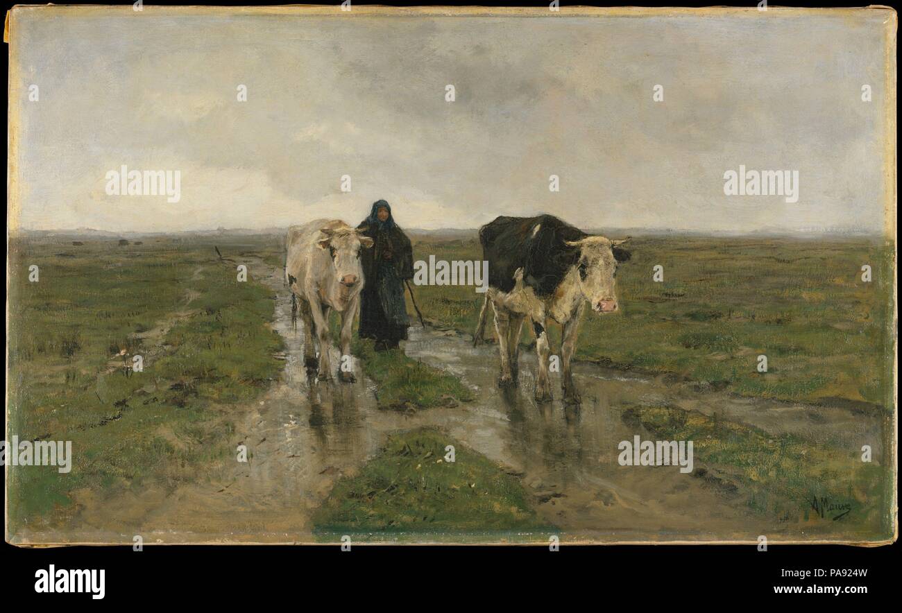 Changing Pasture. Artist: Anton Mauve (Dutch, Zaandam 1838-1888 Arnhem). Dimensions: 24 x 39 5/8 in. (61 x 100.6 cm). Date: ca. 1880s.  In the second half of the nineteenth century, The Hague became the center of a major school of landscape painting. Its principal members were the Maris brothers, Josef Israels, H. W. Mesdag, and Mauve, who settled in The Hague in 1874. Inspired by J. F. Millet and other members of the Barbizon School, whose work could be seen in the Goupil Gallery in The Hague and in Mesdag's personal collection, they shared a commitment to record the peasant life, gray skies, Stock Photo