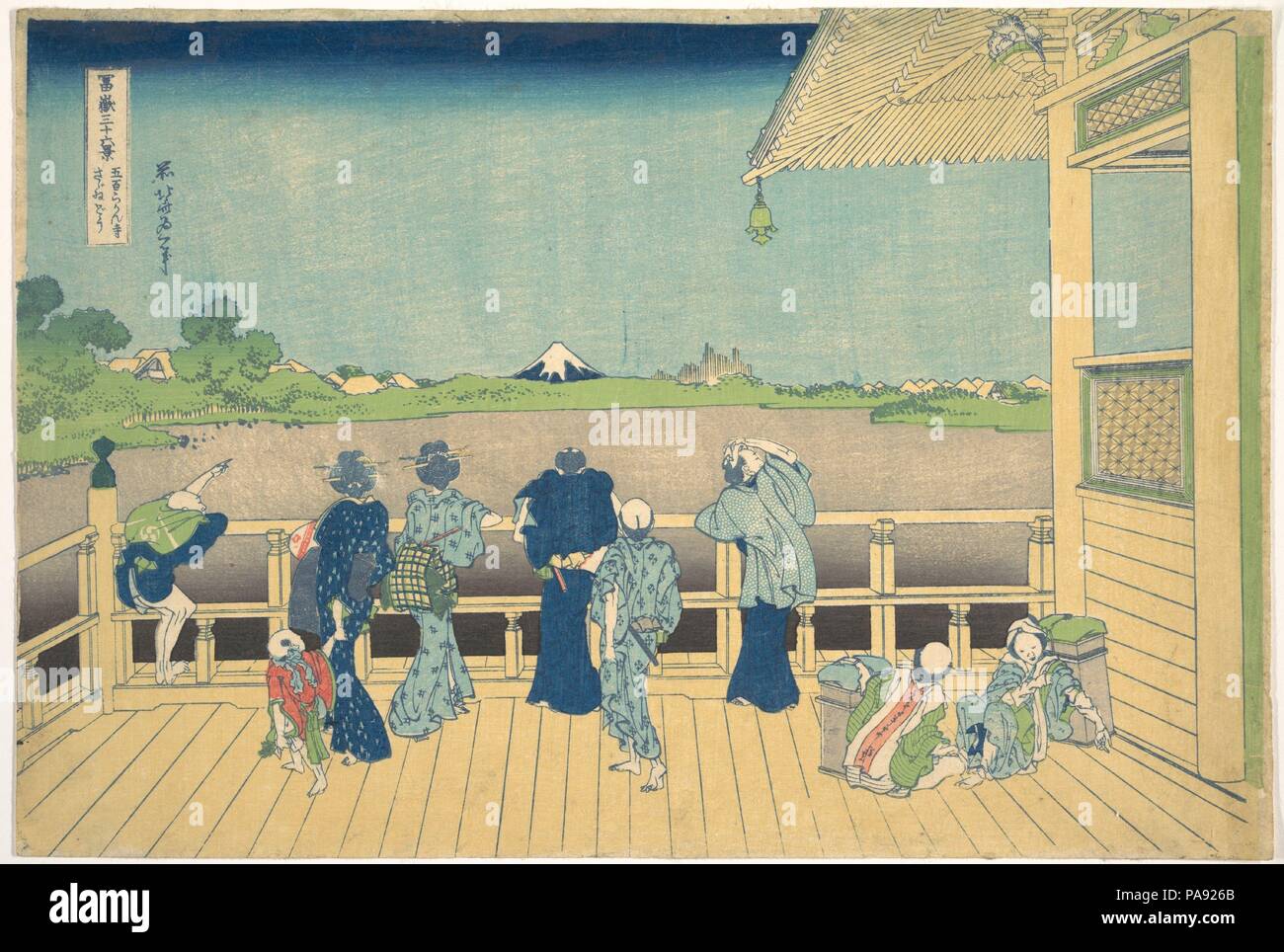 Sazai Hall at the Temple of the Five Hundred Arhats (Gohyaku Rakanji Sazaido), from the series Thirty-six Views of Mount Fuji (Fugaku sanjurokkei). Artist: Katsushika Hokusai (Japanese, Tokyo (Edo) 1760-1849 Tokyo (Edo)). Culture: Japan. Dimensions: Oban 10 1/4 x 15 1/4 in. (26 x 38.7 cm). Date: ca. 1830-32.  The Sazaido (literally, Turban-shell Tower, owing to its spiral staircase) is a three-story tower that was built in 1741 as a temple dedicated to the five hundred Rakan, or arhats, legendary disciples of Buddha. Men and women admire the view of Mount Fuji across the marshes from the templ Stock Photo