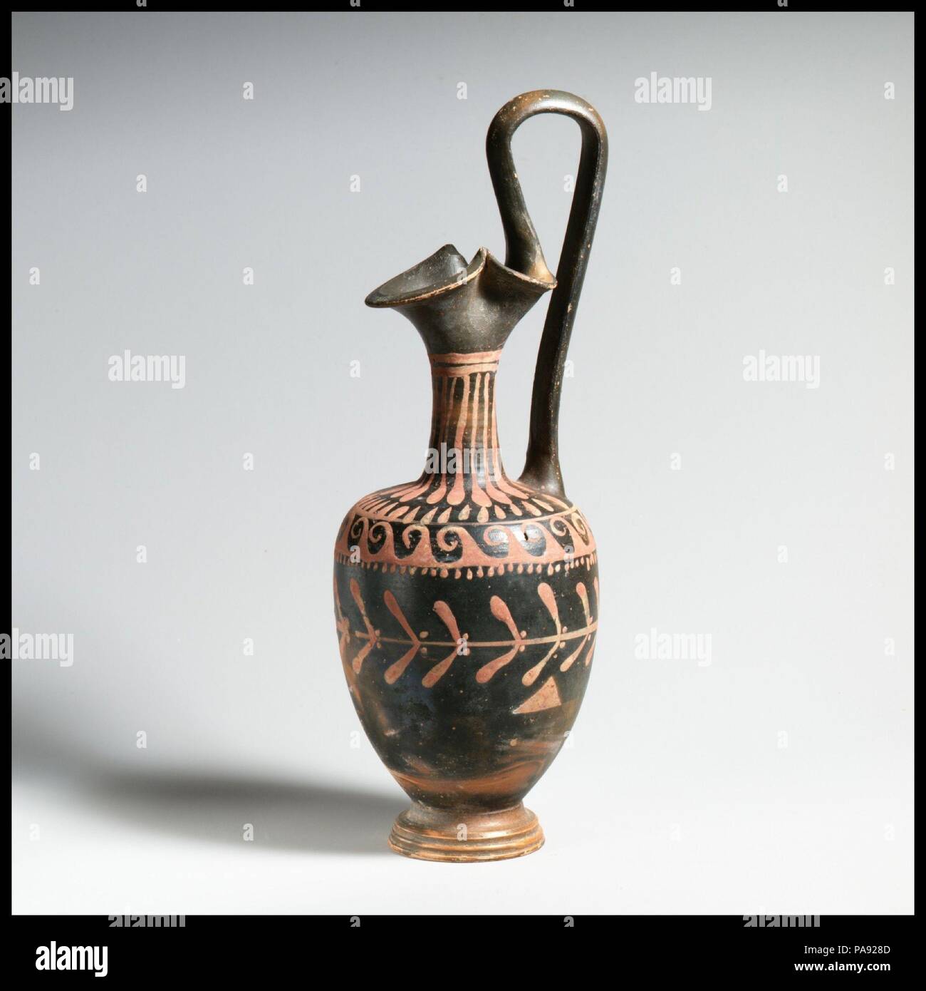 Terracotta oinochoe (jug). Culture: Greek, South Italian. Dimensions: H. 6  5/8 in. (16.8 cm). Date: late 4th century B.C.-early 3rd century B.C.. The  use of applied color for decoration was not limited,