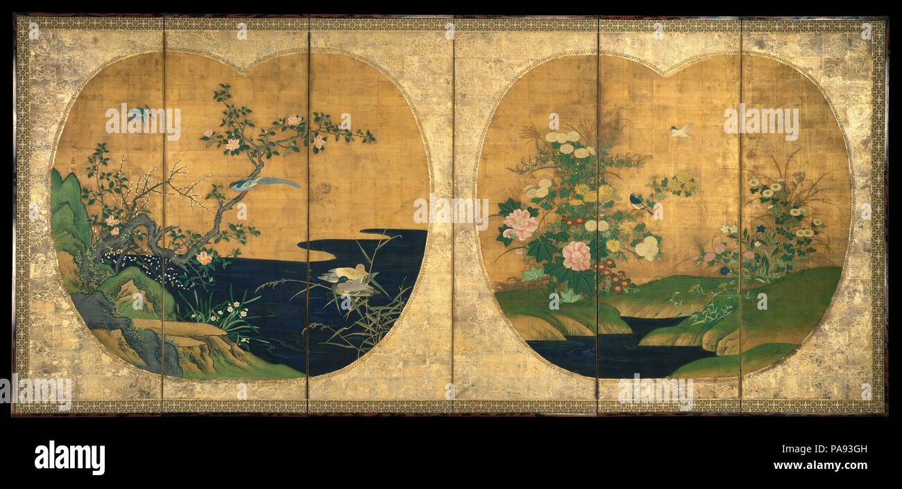 Autumn and Winter Flowers and Birds. Artist: Kano Chikanobu (Japanese, 1660-1728). Culture: Japan. Dimensions: Image: 61 1/8 x 139 3/4 in. (155.3 x 355 cm). Date: 17th-18th century.  On this charming screen, the peculiar fan shape known as a dansen serves as a frame for the two images and gives the viewer the impression of looking through two picturesque windows. The application of gold leaf to the reverse side of the silk lends the painting a subtle glow and a sense of depth and weight. The chrysanthemum and cotton rose on the right represent autumn, while on the left, the sasanqua, narcissus Stock Photo