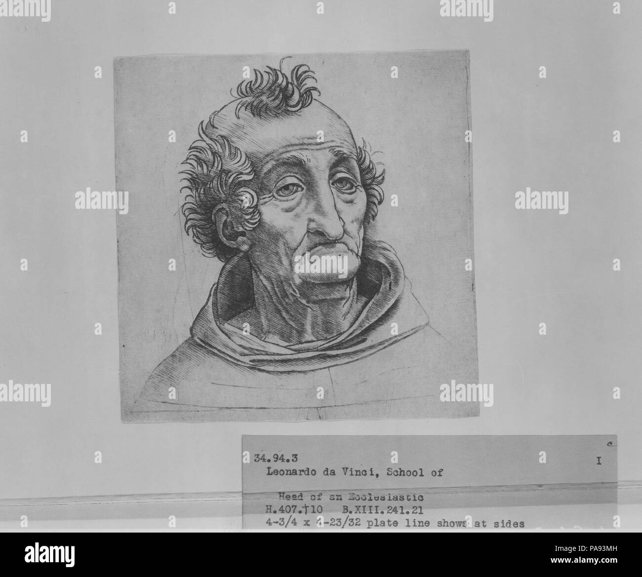 Head of an old man. Artist: After Leonardo da Vinci (Italian, Vinci 1452-1519 Amboise); Giovanni Antonio da Brescia (Italian, active ca. 1490-ca. 1525); Formerly attributed to Andrea Mantegna (Italian, Isola di Carturo 1430/31-1506 Mantua). Dimensions: Sheet (Trimmed): 4 3/4 × 4 3/4 in. (12 × 12 cm). Date: ca. 1490-1525.  There are two impressions of this print in the collection (see 25.2.27). Museum: Metropolitan Museum of Art, New York, USA. Stock Photo