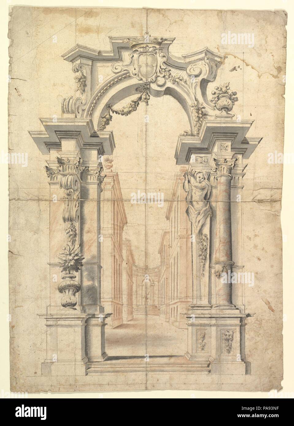 Two One Half Variants of a Design for Painted Wall Decoration with Arch and Perspective View Inside (recto). Negligible diagrams and compass drawn circle (verso). Artist: Anonymous, Italian, Piedmontese, 18th century. Dimensions: sheet: 21 x 15 1/8 in. (53.3 x 38.4 cm). Date: 1700-1780. Museum: Metropolitan Museum of Art, New York, USA. Stock Photo