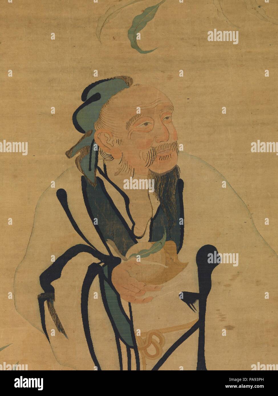 Immortal Holding a Peach. Culture: China. Dimensions: Overall: 46 x 24 in. (116.8 x 61 cm). Date: 16th century.  The figure on this silk tapestry panel is Dongfang Shuo who symbolizes wisdom and longevity. As a historical person, Dongfang (154-93 B.C.) was famed for his immense erudition and humorous speeches. In later legend, as seen here, he steals the magical peaches from the orchard of the Queen Mother of the West (Xiwangmu) and becomes a famous immortal. The layout and powerful outlines, also present in sixteenth-century painting, help date this tapestry. Found on both sides of the panel, Stock Photo