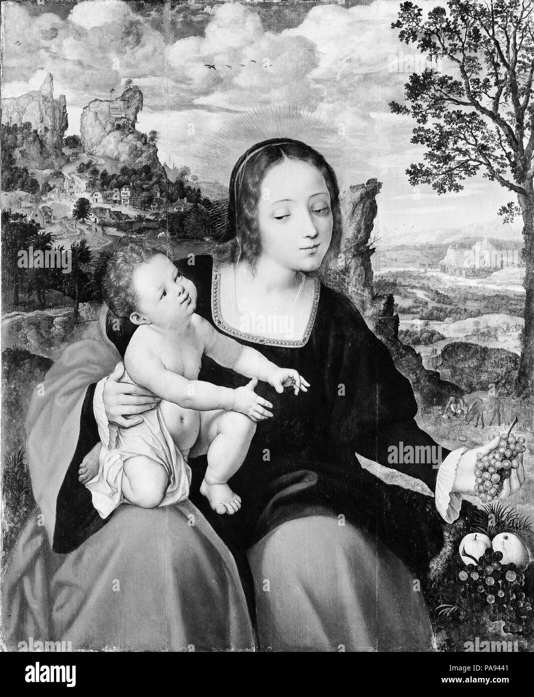 The Rest on the Flight into Egypt. Artist: Follower of Quentin Metsys (Netherlandish, mid-16th century); and Master of the Liège Disciples at Emmaus (Netherlandish, active mid-16th century). Dimensions: 37 1/2 x 30 1/4 in. (95.3 x 76.8 cm). Date: ca. 1540.  The Virgin and Child, painted by a follower of Massys, reflect the influence of Italian painting, particularly the classical figure types favored by Leonardo da Vinci. The landscape, however, ascribed to the Master of the Liège Disciples at Emmaus, sets the stage for the expansive views in Netherlandish paintings of the later sixteenth cent Stock Photo