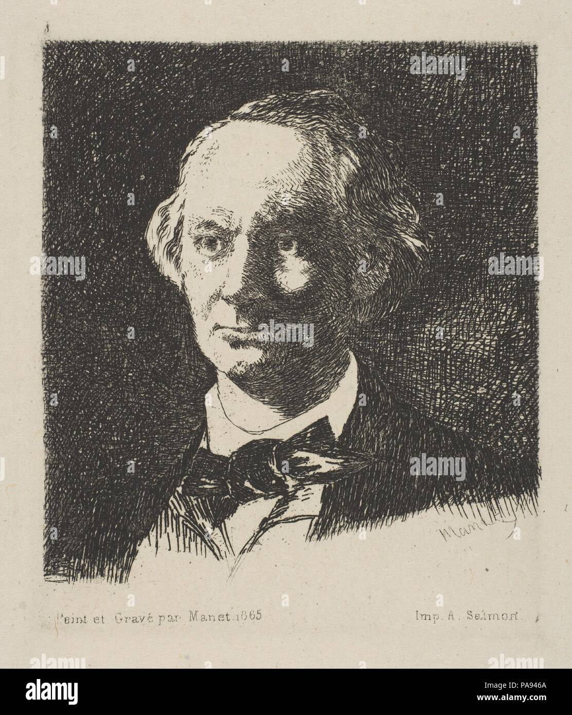 Portrait of Charles Baudelaire, Full Face, after a photograph by Nadar. Artist: Édouard Manet (French, Paris 1832-1883 Paris); After Nadar (French, Paris 1820-1910 Paris). Dimensions: plate: 3 11/16 x 3 1/4 in. (9.4 x 8.2 cm)  sheet: 10 3/16 x 8 7/16 in. (25.9 x 21.5 cm). Sitter: Charles Baudelaire (French, Paris 1821-1867 Paris). Date: 1868. Museum: Metropolitan Museum of Art, New York, USA. Stock Photo