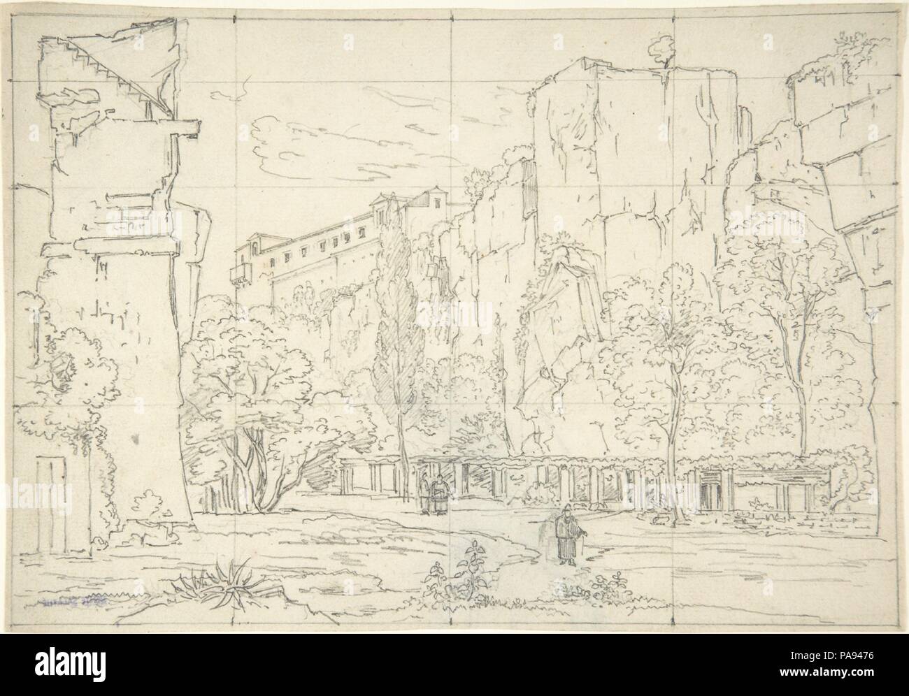 Italian View: A Pathway and Arbor at the Base of Cliffs. Artist: Friedrich Salathé (Swiss, Binningen 1793-1860 Paris). Dimensions: sheet: 5 15/16 x 8 7/16 in. (15.1 x 21.5 cm). Date: 1815-21.  By planting the viewer firmly on the ground, Salathé emphasizes the imposing height of the cliffs in this unusual landscape of the Roman countryside. The artist first traveled to Rome in 1815 and remained there until 1821. The Swiss draftsman later established himself as a printmaker in Paris, and he may have squared this drawing for the purpose of making a print, although the uneven nature of the grid i Stock Photo