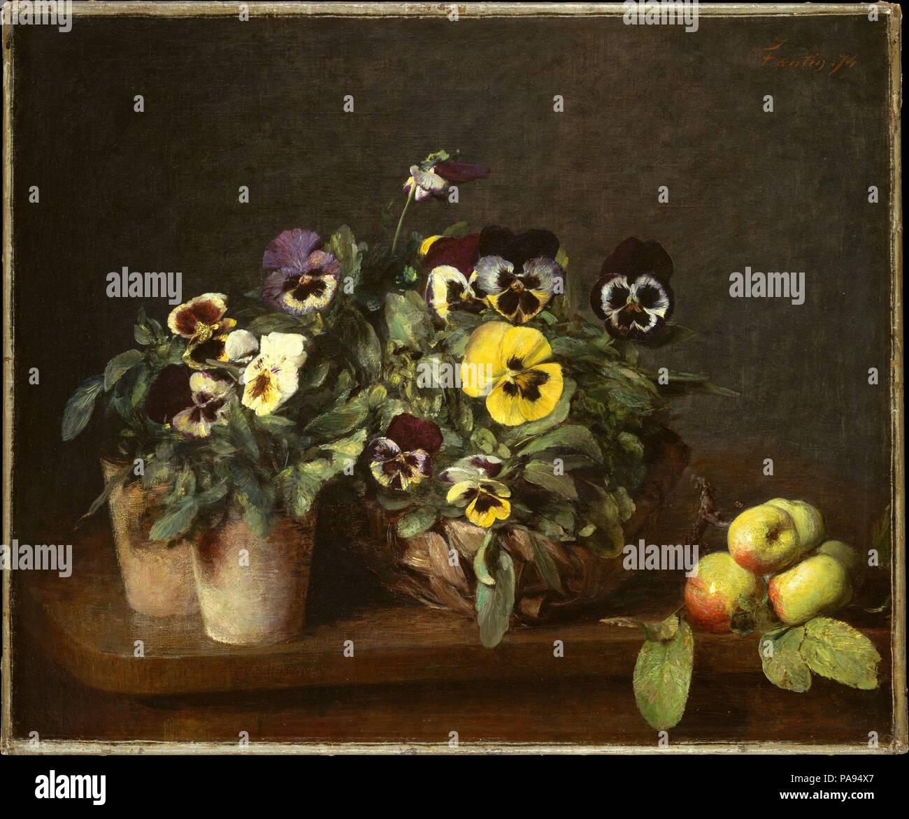 Still Life with Pansies. Artist: Henri Fantin-Latour (French, Grenoble 1836-1904 Buré). Dimensions: 18 1/2 x 22 1/4 in. (47 x 56.5 cm). Date: 1874.  According to a list of Fantin's paintings compiled by his wife, this still life is one of thirty-one compositions of flowers and fruit that the artist produced in 1874. The branch of apples suggests that the present picture was painted in the fall; the pansies are spring flowers that were probably cultivated in a hothouse. Fantin reprised elements seen here in at least two other paintings: <i>Potted Pansies</i> of 1883 (2013.636) and <i>Pansies</i Stock Photo