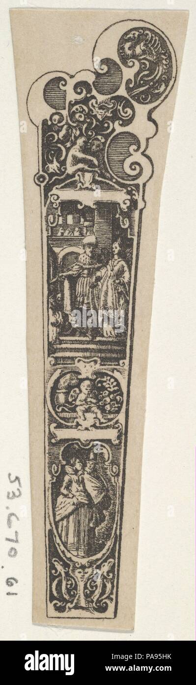 Design for a Knife Handle with Well-Dressed Couples. Artist: attributed to Johann Theodor de Bry (Netherlandish, Strasbourg 1561-1623 Bad Schwalbach). Dimensions: Sheet: 3 1/4 × 1 in. (8.3 × 2.5 cm). Date: 1580-1600.  Panel with a knife handle design. At top, sections of ornament with a decorative bird and a monkey; below, a rectangle containing a scene with a well-dressed man in a hat and a woman walking left. At bottom, another scene of a well-dressed couple, in which the man wears a top hat. Museum: Metropolitan Museum of Art, New York, USA. Stock Photo