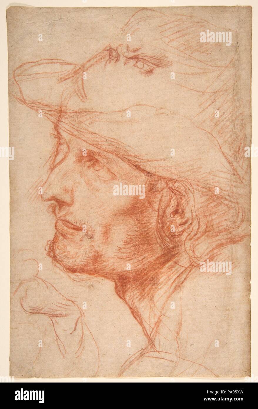Head of a Man. Artist: Antonio d'Enrico Tanzio (Tanzio da Varallo) (Italian, Riale d'Alagna 1575/80-1632/33 Novara). Dimensions: 11 15/16 x 7 13/16in. (30.4 x 19.9cm). Date: 1575-1633.  The Lombard artist known as Tanzio da Varallo developed a bold, personal style based on his training ?in his father's workshop and his exposure to the works of Caravaggio (1571-1610) in Rome. This striking ?study in red chalk seems to be preparatory for one of the shepherds in Tanzio's fresco of the Annunciation to the Shepherds, in the church of Santa Maria della Pace, in Milan, a project that dates to the art Stock Photo