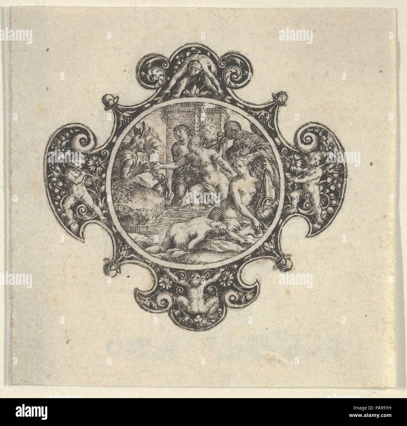 Copy of the Center of a Design for a Brooch. Artist: after Johann Theodor de Bry (Netherlandish, Strasbourg 1561-1623 Bad Schwalbach). Dimensions: Sheet: 1 7/8 × 2 5/16 in. (4.8 × 5.9 cm). Date: after 1580-1600.  Copy of the center of a brooch design, with a circular scene showing female figures addressing a horned male figure at left, framed by ornamental blackwork design with putti. Museum: Metropolitan Museum of Art, New York, USA. Stock Photo