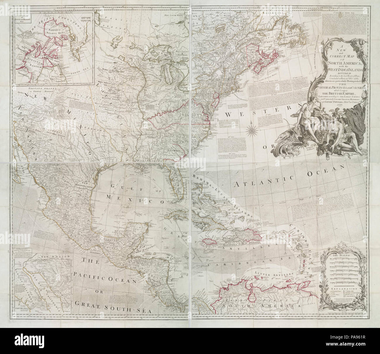 A new and correct map of North America with the West India Islands - divided according to the last treaty of peace, concluded at Paris, 10th Feby. 1763; wherein are particularly Stock Photo