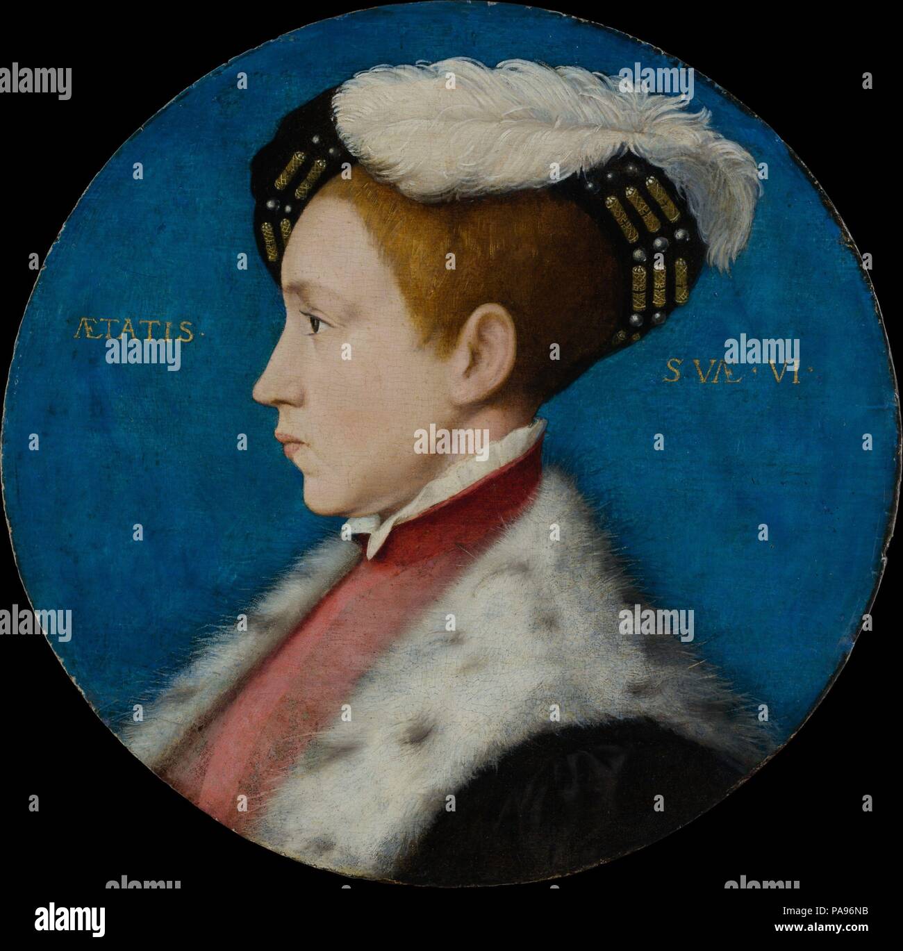 Edward VI (1537-1553), When Duke of Cornwall. Artist: Workshop of Hans Holbein the Younger. Dimensions: Diameter 12 3/4 in. (32.4 cm). Date: ca. 1545; reworked 1547 or later.  Edward, the sole legitimate son of Henry VIII, was born on October 12, 1537 and crowned Edward VI in 1547. This portrait shows the future king at age six, when he was still the Duke of Cornwall. It was subsequently adapted in costume to reflect Edward's stature at the time of his coronation. The roundel format and the sitter's profile pose evoke the coinage of classical antiquity, admired at the Tudor court. The panel wa Stock Photo