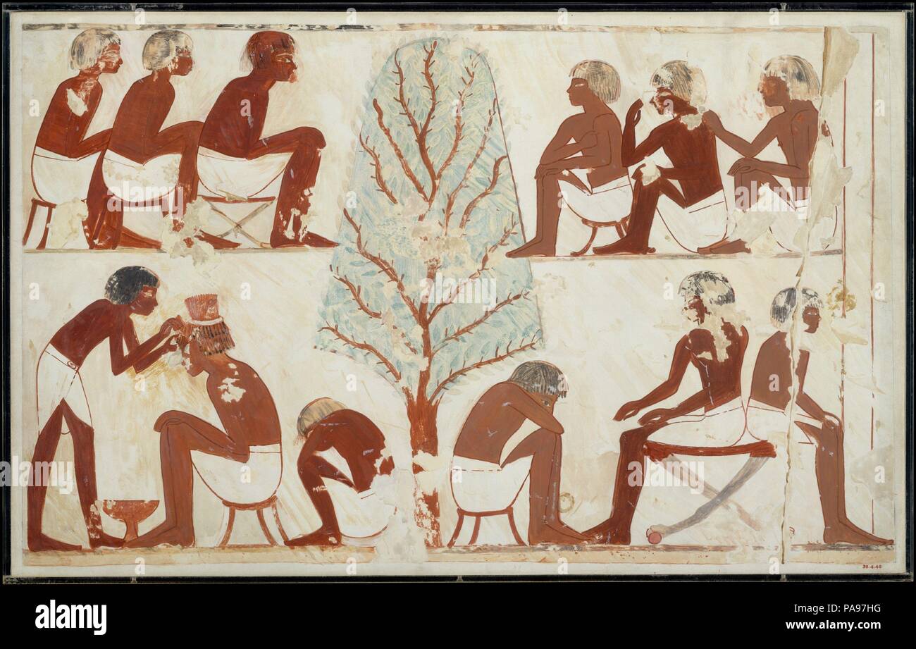 Barbering, Tomb of Userhat. Artist: Nina de Garis Davies (1881-1965). Dimensions: facsimile: h. 45 cm (17 11/16 in); w. 73 cm (28 3/4 in)  scale 1:1  framed: h. 48.6 cm (19 1/8 in); w. 76.2 cm (30 in). Dynasty: Dynasty 18. Reign: reign of Amenhotep II. Date: ca. 1427-1400 B.C..  This facsimile painting copies part of a scene in the tomb of Userhat (TT 56) at Thebes. This vignette depicts men waiting their turn to have their hair cut by the barber who is at work in the lower left.  The facsimile was painted at the tomb in 1925-1926 by Nina deGaris Davis who was a member of the Graphic Section o Stock Photo