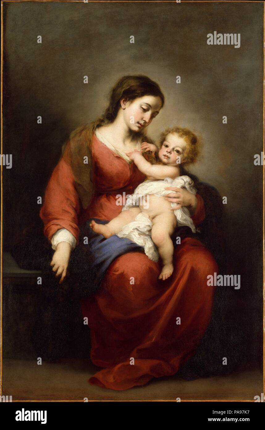 Virgin and Child. Artist: Bartolomé Estebán Murillo (Spanish, Seville 1617-1682 Seville). Dimensions: 65 1/4 x 43 in. (165.7 x 109.2 cm). Date: ca. 1670-72.  Like Zurbarán and Velázquez, Murillo was trained in Seville, where he spent his whole career. This painting of the Madonna and Child formed part of the collection of the Marqués de Santiago, who owned a number of outstanding works by the artist. The popularity of Murillo's paintings of the Madonna and Child derives from his ability to endow a timeworn theme with a quality of intimacy and sweetness. The infant's attention has, in this pict Stock Photo