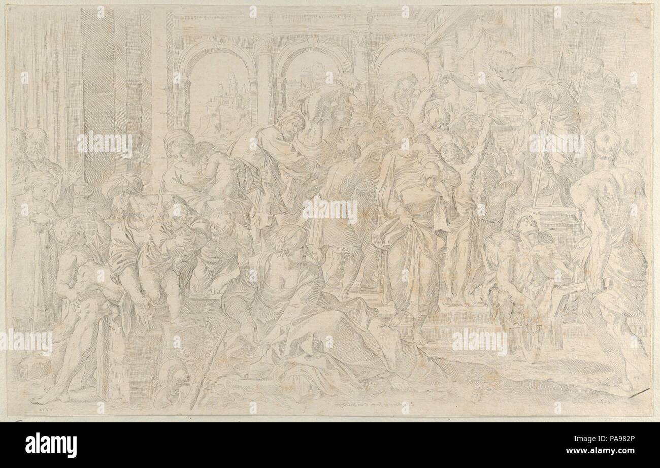 Saint Roch at right distributing alms to a group of people gathered around him, after Annibale Caracci. Artist: After Annibale Carracci (Italian, Bologna 1560-1609 Rome); Francesco Brizio (Italian, Bologna ca. 1574-1623 Bologna). Dimensions: Sheet (Trimmed): 11 15/16 × 17 11/16 in. (30.4 × 45 cm). Publisher: Pietro Stefanoni (Italian, Valstagna ca. 1557- ca. 1642 Rome). Date: 1590-1610.  Counterproof of an etching by Brizio after a painting by Annibale Caracci located in Dresden. Verso is not visible as print is laid to another sheet of paper. Museum: Metropolitan Museum of Art, New York, USA. Stock Photo