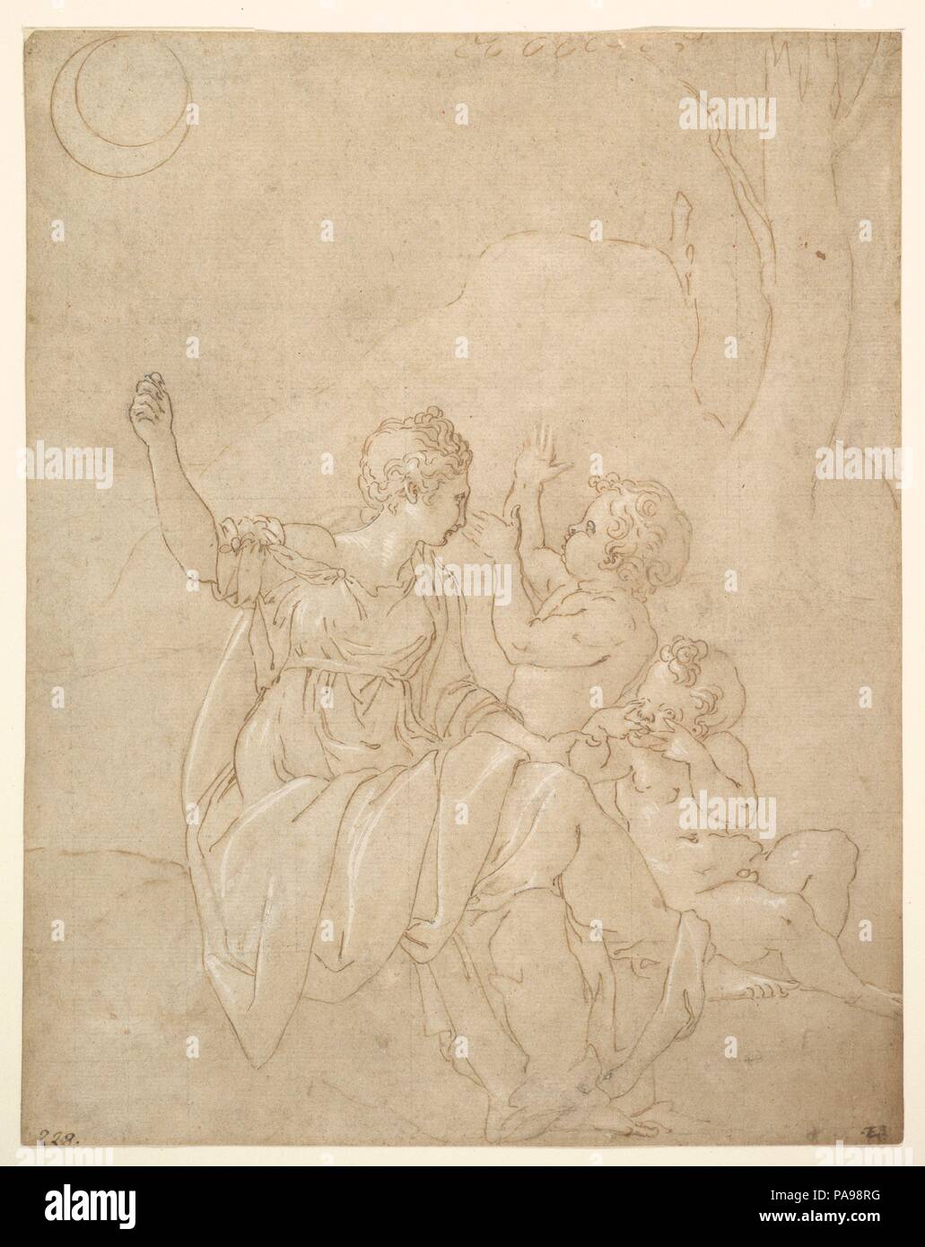 Classical Female Figure (Diana or Venus) with Two Infants. Artist: Francesco Primaticcio (Italian, Bologna 1504/5-1570 Paris). Dimensions: sheet: 9 15/16 x 7 15/16 in. (25.2 x 20.1 cm). Date: ca. 1539-42.  The Italian artist Primaticcio went to France early in his career to work for the French king, Francis I. Although most of Primaticcio's energies went into decorating the great palace of Fontainebleau, the present drawing was probably executed for Anet, the château built for Henry II's mistress, Diane de Poitiers (1499-1566). The main figure in the drawing may be Diana: although she lacks he Stock Photo