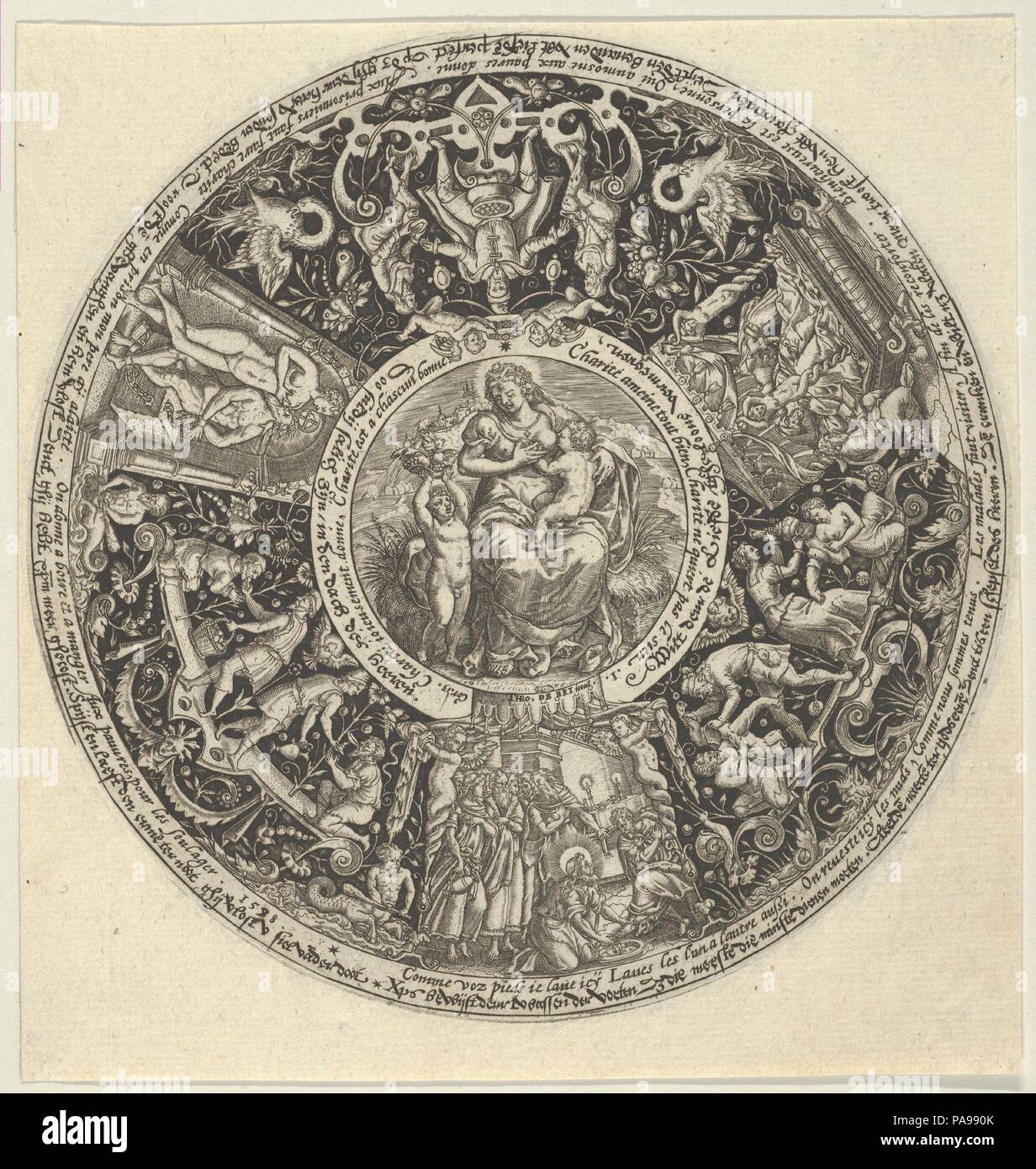 Charitas and the Acts of Charity, from a Series of Tazza Designs. Artist: Theodor de Bry (Netherlandish, Liège 1528-1598 Frankfurt). Dimensions: Sheet: 5 1/8 × 4 7/8 in. (13 × 12.4 cm). Date: ca. 1588.  In the central medallion, the figure of Charitas, nursing an infant, while a child offers a bowl of fruit on her left. Around the medallion, framed by a circular ornamental frieze with acts of charity, including Christ Washing the Feet of His Disciples, below the medallion. From a series of four designs for ornamented tazza, or drinking vessels. Museum: Metropolitan Museum of Art, New York, USA Stock Photo