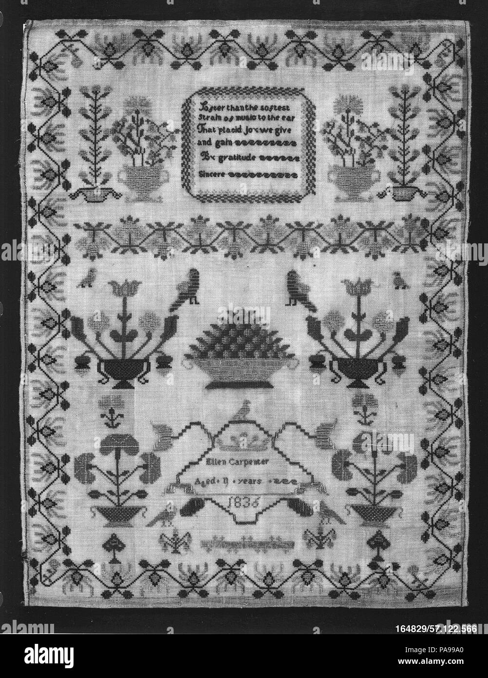 Sampler. Culture: British. Dimensions: H. 17 3/8 x W. 13 1/4 inches (44.1 x 33.7 cm). Date: 1836. Museum: Metropolitan Museum of Art, New York, USA. Stock Photo