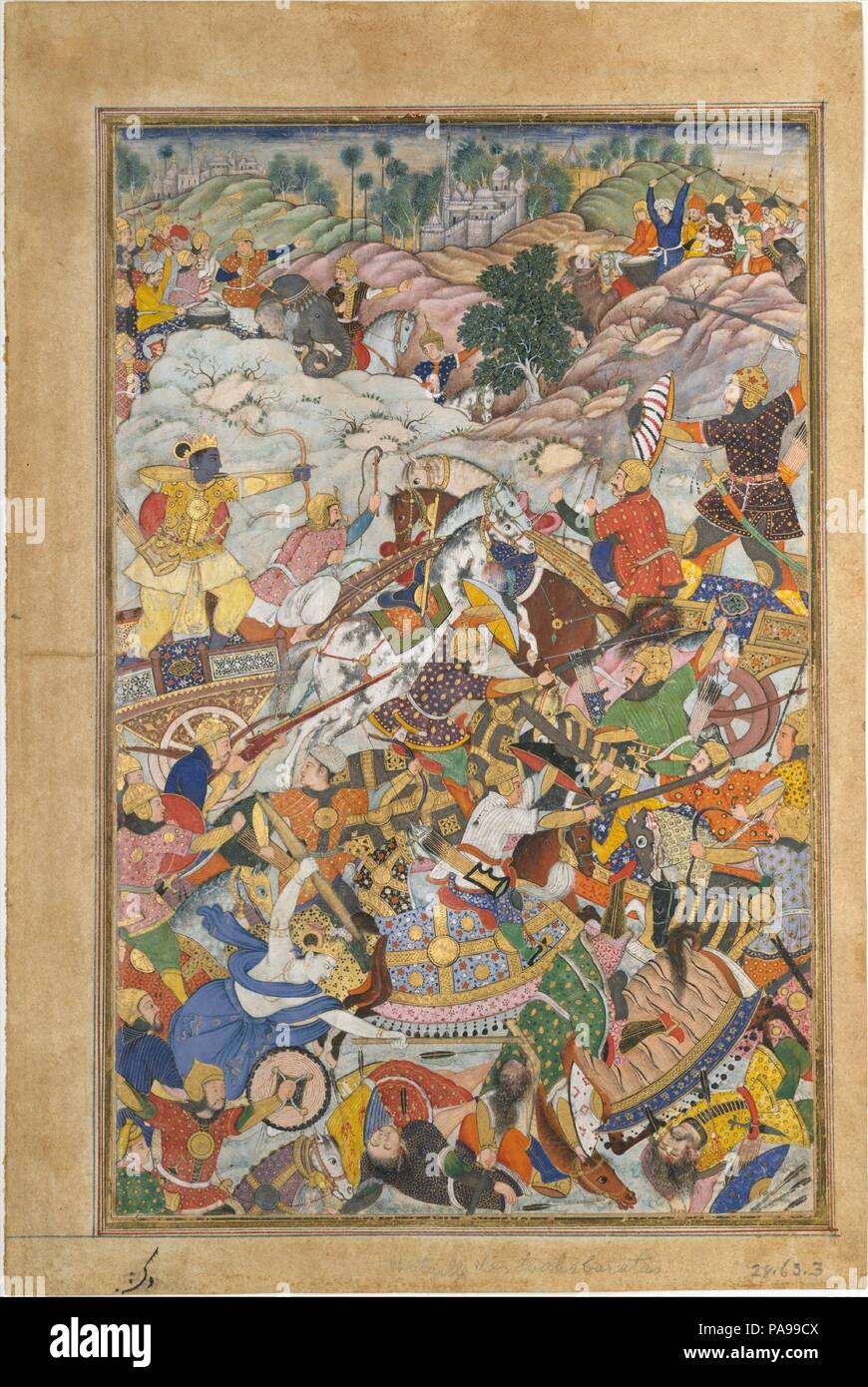 'Krishna and Balarma Fighting the Enemy', Folio from a Harivamsa (The Legend of Hari (Krishna)). Dimensions: Image: H. 12 in. (30.5 cm)  W. 7 3/4 in. (19.7 cm)  Page: H. 13 3/4 in. (34.9 cm)   W. 9 1/8 in. (23.2 cm)  Mat: H. 19 1/4 in. (48.9 cm)  W. 14 1/4 in. (36.2 cm). Date: ca. 1590-95.  A flurry of warriors clash in this epic scene from the Persian translation of the Hindu classic, the Harivamsa. Krishna, on the left, stands in a chariot and is about to release an arrow. His arrow is intended for  a soldier in black and gold armour who stands in a chariot, wielding a shield and sword. Kris Stock Photo