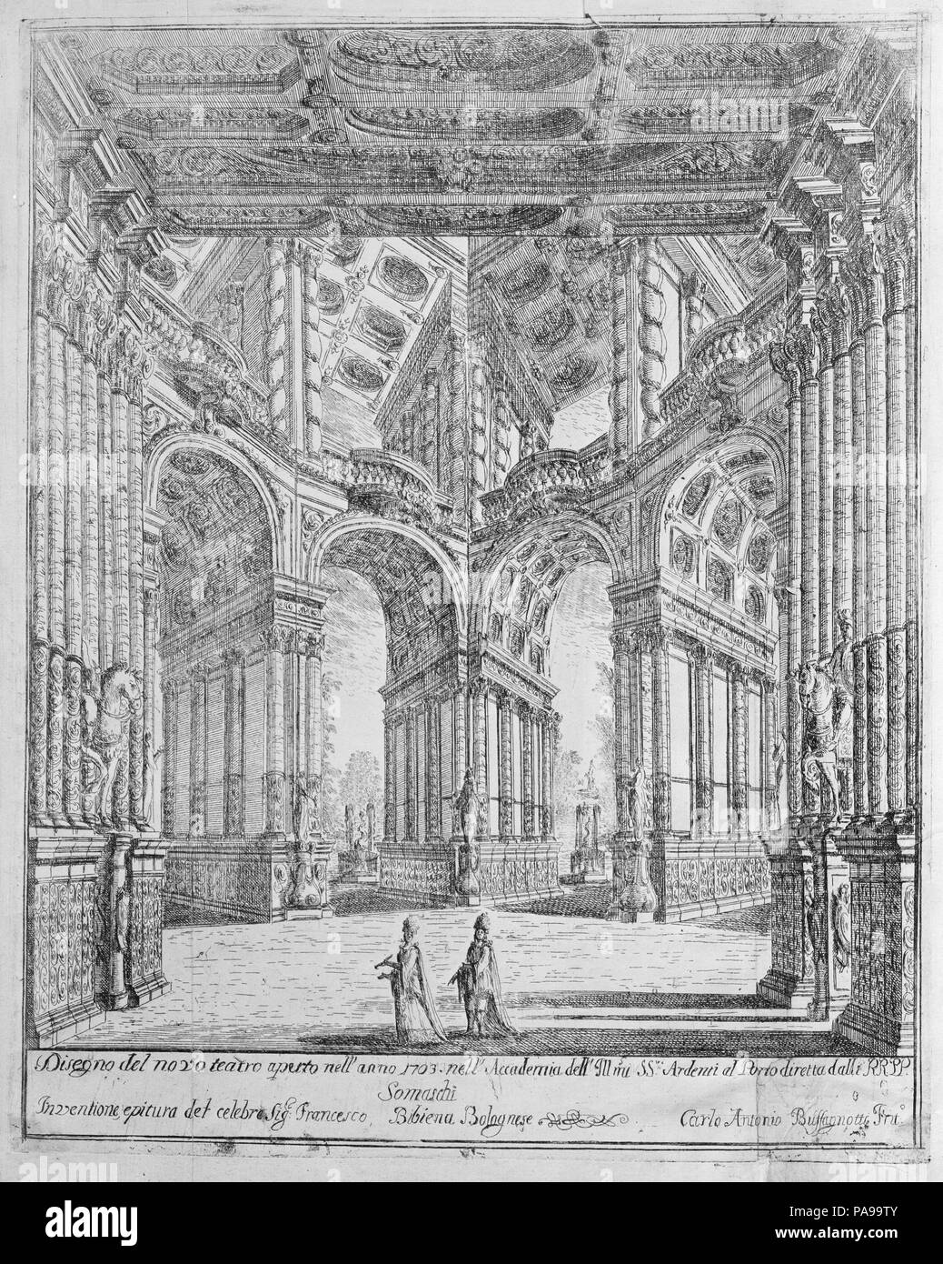 Varie opere di Prospettive. Designer: Ferdinando Galli Bibiena (Italian, Bologna 1657-1743 Bologna). Dimensions: 13 1/8 x 17 x 1 9/16 in. (33.4 x 43.2 x 4 cm)  Box: 18 3/16 x 14 3/16 x 2 9/16 in. (46.2 x 36 x 6.5 cm). Draftsman: Drawn and engraved by Pietro Giovanni Abbati (Italian, ca. 1700-1743). Engraver: Carlo Antonio Buffagnotti (Italian, Bologna 1660-after 1710 Ferrara). Printer: Paolo Monti. Published in: Turin. Date: 1703. Museum: Metropolitan Museum of Art, New York, USA. Stock Photo