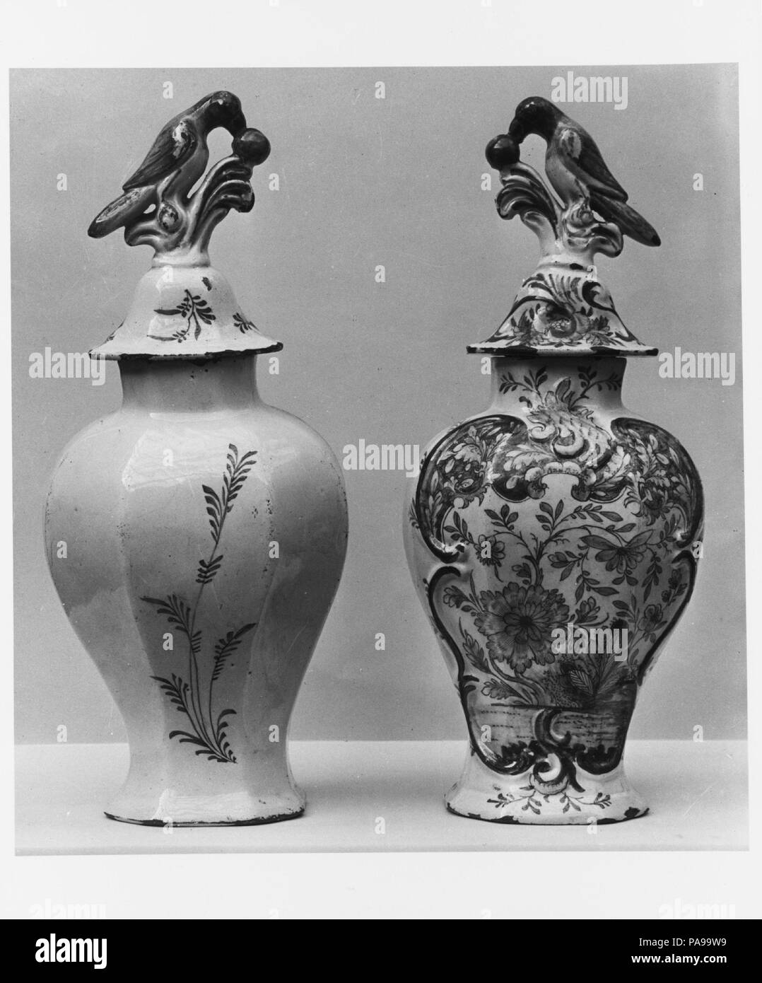 Covered Jar. Culture: Dutch. Designer: Designed by Justus Brouwer (Dutch, active 1739-1775). Dimensions: H. 15 1/2 in. (39.4 cm). Manufacturer: Manufactured by The Porcelain Axe. Date: 1739-75. Museum: Metropolitan Museum of Art, New York, USA. Stock Photo