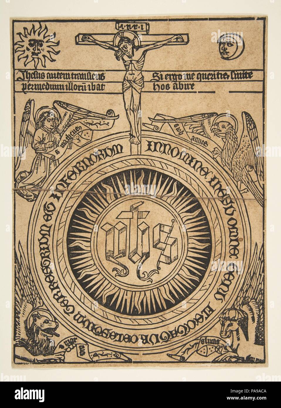 The Sacred Monogram with the Symbols of the Evangelists and the Crucifixion (Schr. 1812). Artist: Anonymous, German, 15th century. Dimensions: sheet: 10 5/16 x 7 11/16 in. (26.2 x 19.6 cm). Date: 15th century. Museum: Metropolitan Museum of Art, New York, USA. Stock Photo