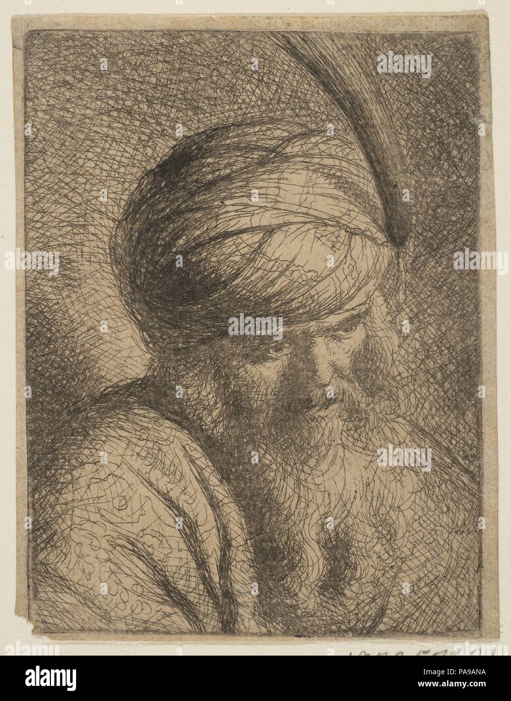 Bust of a Man in a Feathered Turban and Long Beard. Artist: Circle of Rembrandt (Rembrandt van Rijn) (Dutch, Leiden 1606-1669 Amsterdam). Dimensions: Sheet (Trimmed): 4 3/16 × 3 1/4 in. (10.6 × 8.3 cm). Date: n.d.. Museum: Metropolitan Museum of Art, New York, USA. Stock Photo