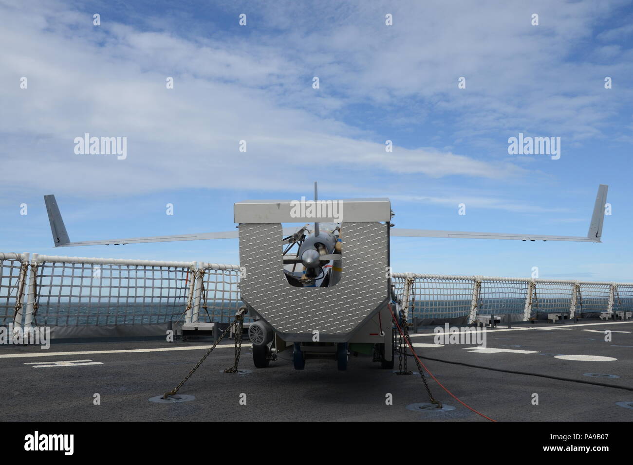 The small-unmanned aerial system, Scan Eagle, sits ready for deployment on the Coast Guard Cutter Stratton's (WSML 752) flight deck in the Bering Strait, July 9, 2018. The Stratton's UAS deployment is the first operational deployment to support Coast Guard missions above the Arctic Circle. Coast Guard photo by Lt. Brian Dykens. Stock Photo