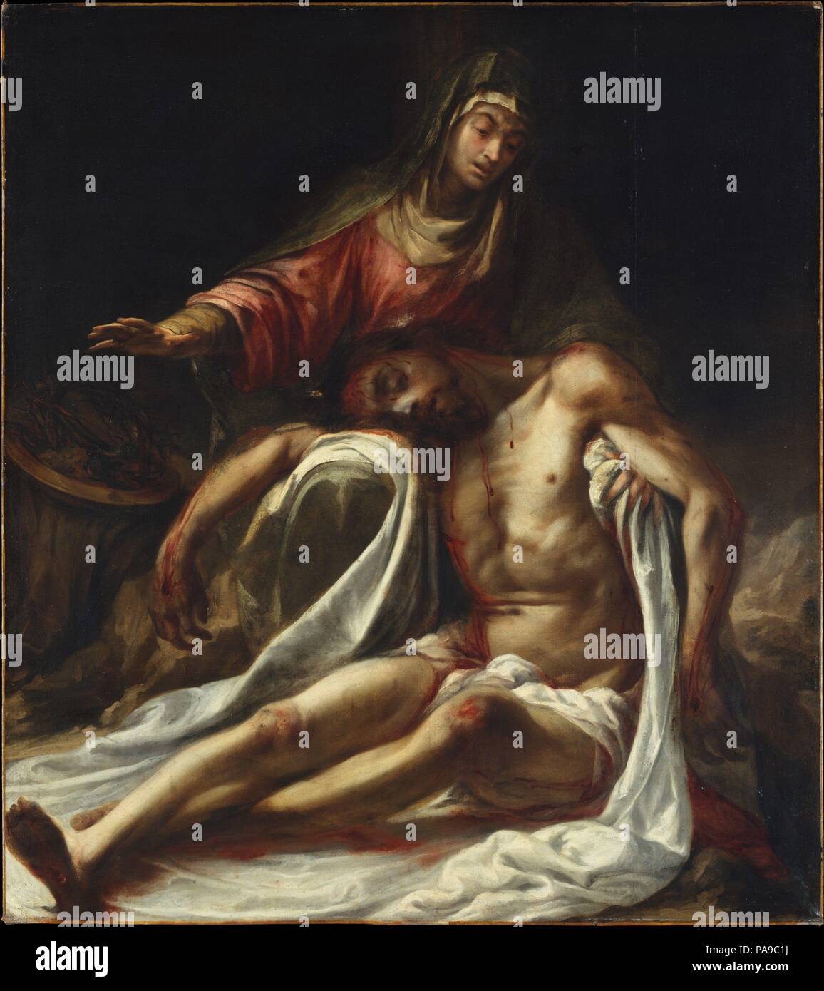 Pietà. Artist: Juan de Valdés Leal (Spanish, Seville 1622-1690 Seville). Dimensions: 63 1/4 x 56 1/2 in. (160.7 x 143.5 cm). Date: ca. 1657-60.  Valdés Leal was one of the most prominent artists in Seville in the seventeenth century, specializing in theatrical and dramatic religious paintings for churches of the city. Paintings such as this one were heavily indebted to the example of polychrome sculptures and recall in dramatic intensity the <i>pasos</i>--carved and painted ensembles of religious figures that are paraded through the streets of Spanish cities during the week leading to Easter.  Stock Photo
