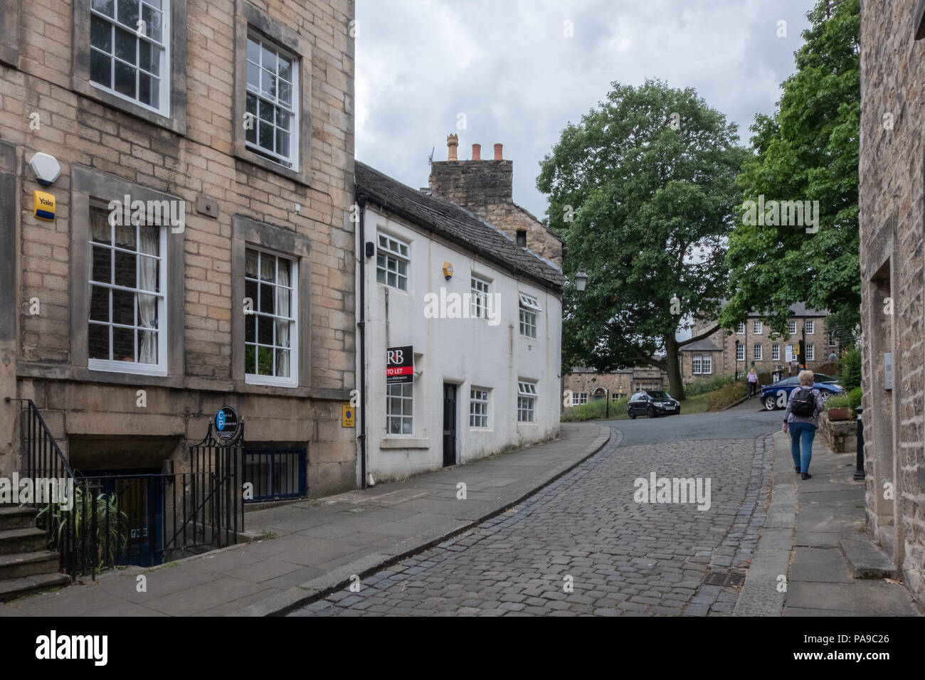 Lancaster city centre around the castle area with streets lined with