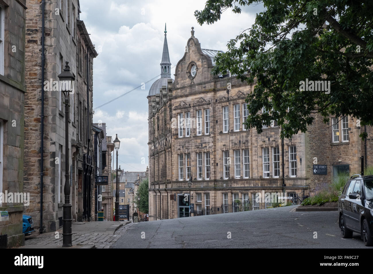 Lancaster city centre around the castle area with streets lined with