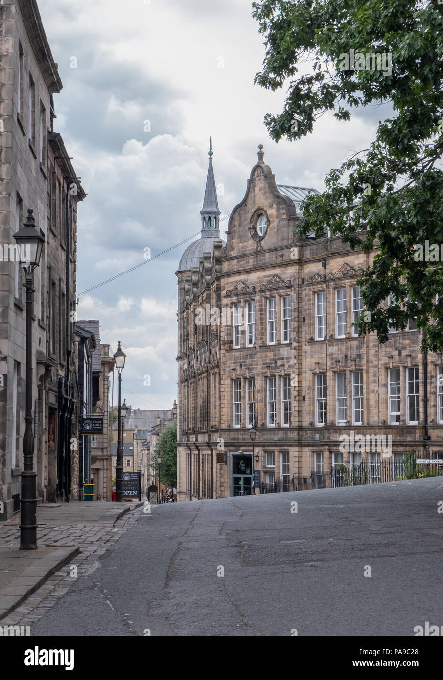 Lancaster city centre around the castle area with streets lined with