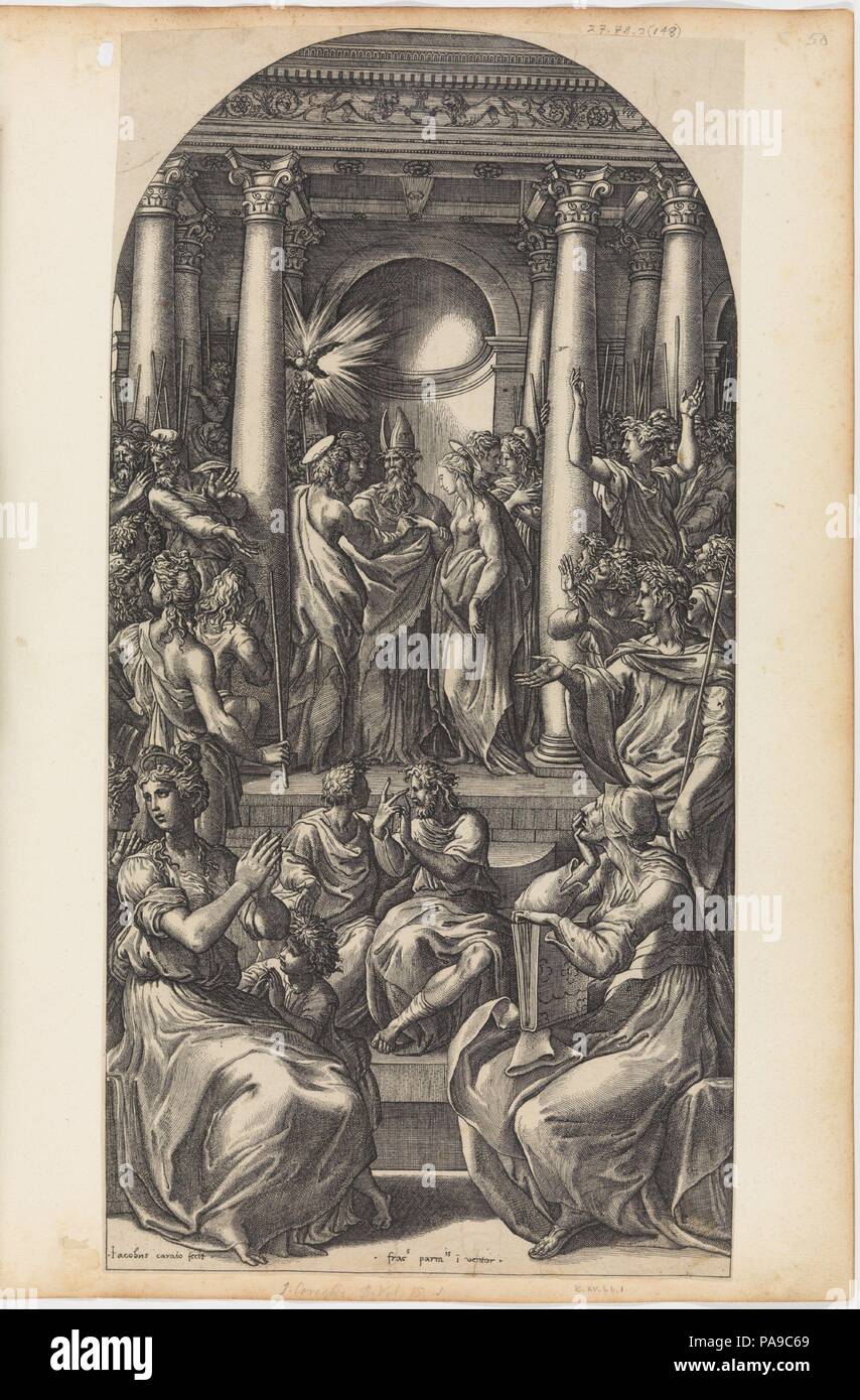 Marriage of the Virgin. Artist: Engraved by Giovanni Jacopo Caraglio (Italian, Parma or Verona ca. 1500/1505-1565 Krakow (?)); Designed by Parmigianino (Girolamo Francesco Maria Mazzola) (Italian, Parma 1503-1540 Casalmaggiore). Dimensions: sheet: 17 15/16 x 9 1/8 in. (45.6 x 23.2 cm)  mount: 22 x 16 in. (55.9 x 40.6 cm). Date: ca. 1525-26.  In Mariette Album, leaf 50. Museum: Metropolitan Museum of Art, New York, USA. Stock Photo