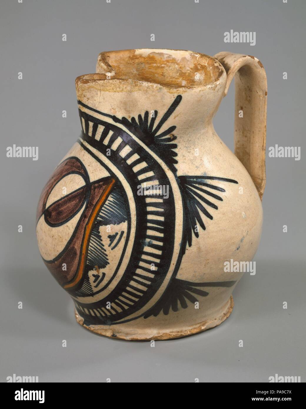 Armorial jug (boccale). Culture: Italian, Faenza or Florence. Dimensions: Height: 7 3/8 in. (18.7cm). Date: ca. 1470-1500. Museum: Metropolitan Museum of Art, New York, USA. Stock Photo