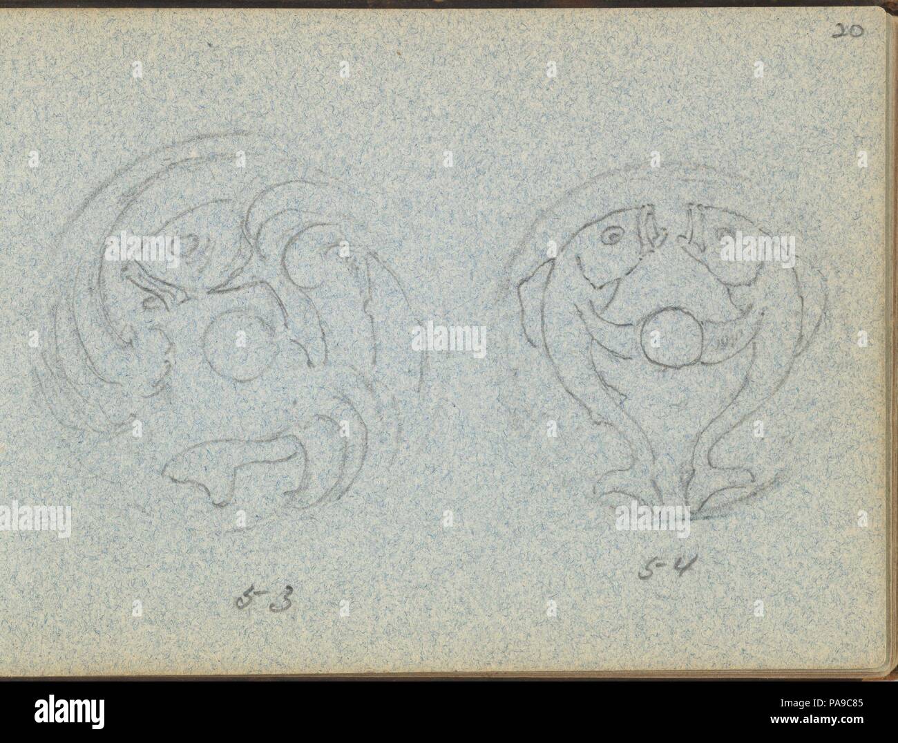 Two Outlines for a Bell Push with Fish Motifs. Artist: Edgar Gilstrap Simpson (British, 1867-1945 (presumed)). Dimensions: sheet: 3 1/2 x 5 in. (8.9 x 12.7 cm). Date: 1899.  Two outlines for a round bell push decorated with fish motifs. The design on the left shows a fish combined with wave patterns. The design on the right is characterized by two, symmetrically placed fishes holding up the bottun of the bell push with their fins. Museum: Metropolitan Museum of Art, New York, USA. Stock Photo
