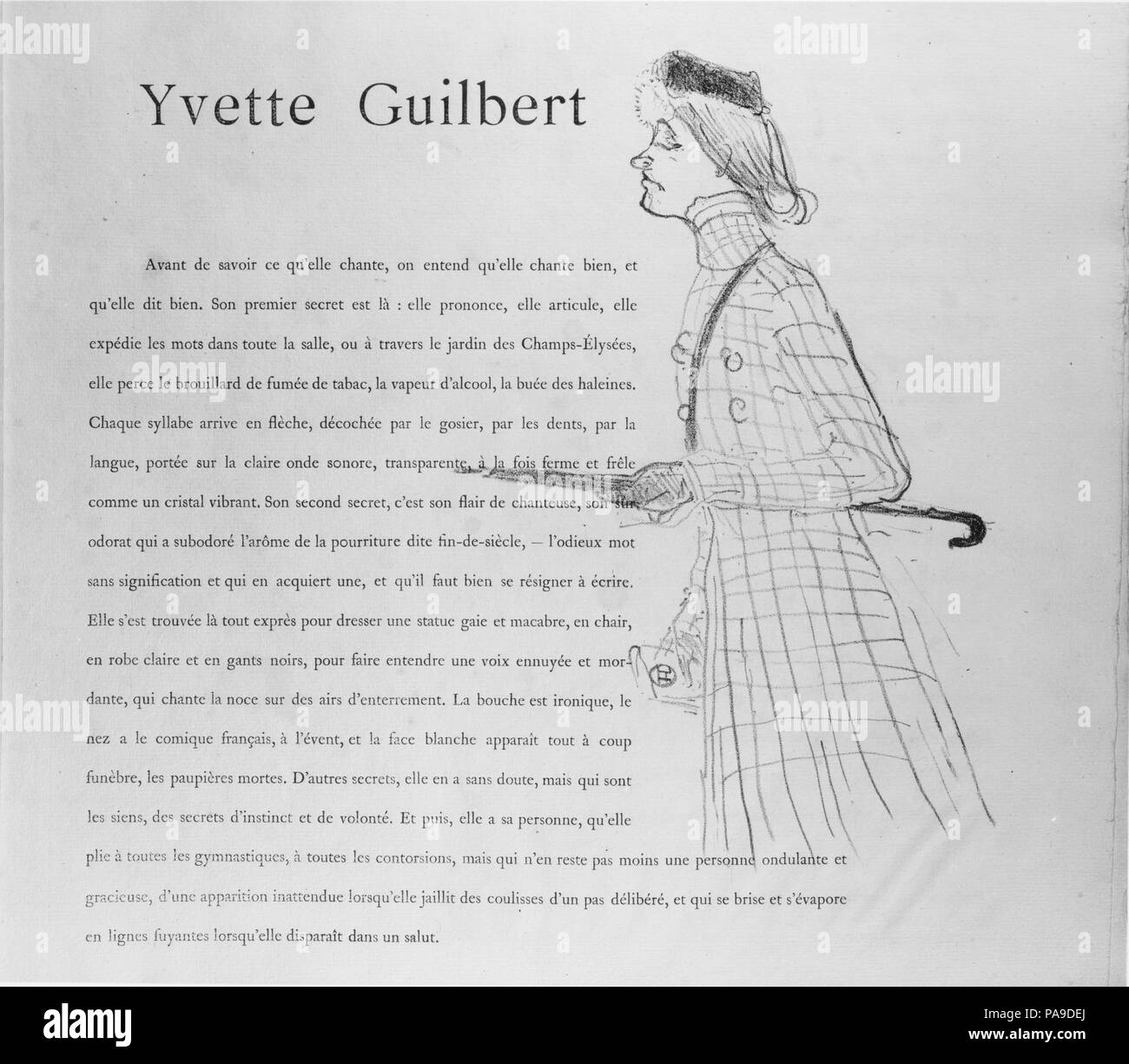 Yvette Guilbert. Artist: Henri de Toulouse-Lautrec (French, Albi 1864-1901 Saint-André-du-Bois). Author: Gustave Geffroy (French, Paris 1855-1926 Paris). Dimensions: 16 in. × 15 1/8 in. (40.6 × 38.4 cm)  Sheet: 15 × 15 in. (38.1 × 38.1 cm). Printer: Images printed by Edward Ancourt (French, 19th century); Text printed by Frémont (French, active 19th century). Publisher: André Marty (French, born 1857); l'Estampe Originale. Date: 1894. Museum: Metropolitan Museum of Art, New York, USA. Stock Photo
