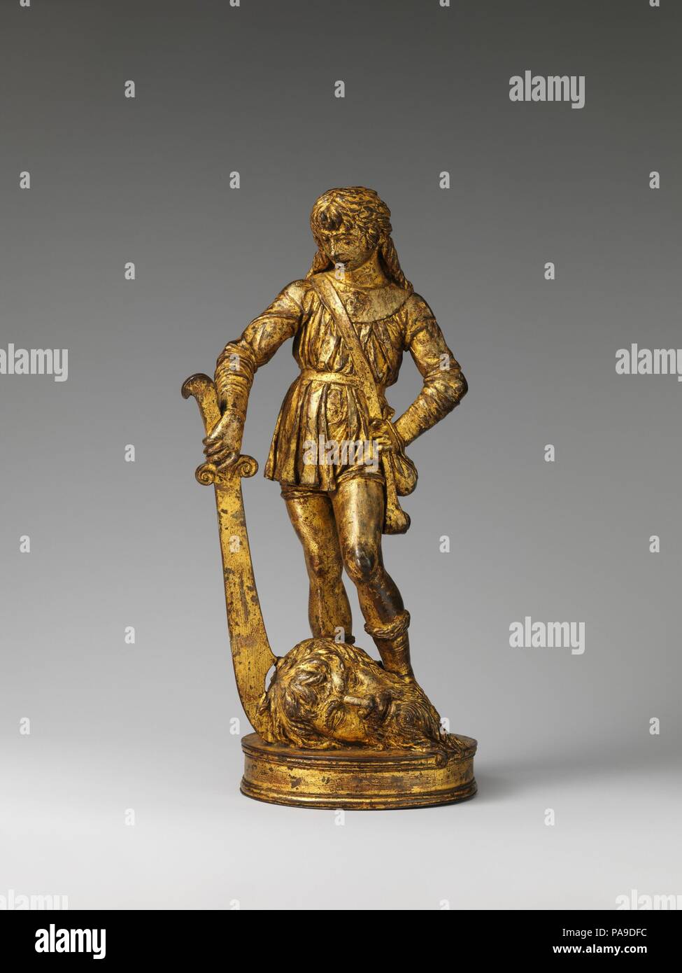 David with the Head of Goliath. Artist: Bartolomeo Bellano (Italian, Padua 1437/38-1496/97 Padua). Culture: Italian, Padua. Dimensions: Overall (confirmed): 11 1/4 × 5 1/4 × 4 7/8 in., 9.7 lb. (28.6 × 13.3 × 12.4 cm, 4.4 kg). Date: 1470-80.  This is a key work in the early Renaissance development of bronze statuettes in northern Italy. Its creator, Bartolomeo Bellano, was a disciple of Donatello's, as is documented by a payment in connection with that master's Judith Slaying Holofernes (ca. 1459, Palazzo Vecchio, Florence).[1] His independent work began with a bronze statue of Pope Paul II in  Stock Photo