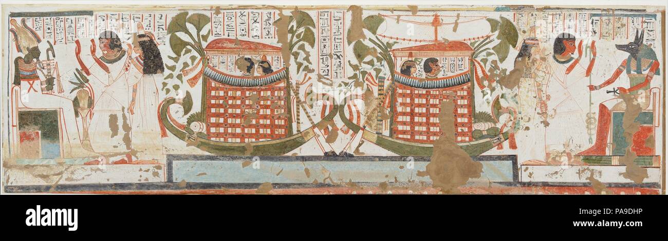 Userhat and Wife Visit Abydos, Tomb of Userhat. Artist: Norman de Garis Davies (1865-1941). Dimensions: Facsimile H. 47 cm (18 1/2 in.); W. 168 cm (66 1/8 in.)  scale 1:1  Framed H. 50 cm (19 11/16 in.); W. 170 cm (66 15/16 in.). Dynasty: Dynasty 19. Reign: reign of Seti I. Date: ca. 1294-1279 B.C.. Museum: Metropolitan Museum of Art, New York, USA. Stock Photo