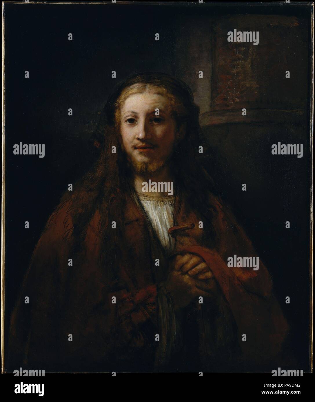 Christ with a Staff. Artist: Follower of Rembrandt (Dutch, third quarter 17th century). Dimensions: 37 1/2 x 32 1/2 in. (95.3 x 82.6 cm).  This impressive picture was clearly inspired by Rembrandt's style of the 1660s and was conceivably painted in his workshop. The broad, uniform application of paint and rather decorative use of strokes and scratches imitate some of Rembrandt's surface effects but fail to achieve his sense of volume, various textures, and atmosphere. A few scholars have suggested the manner of execution is similar to that of Arent de Gelder (1645-1727), Rembrandt's last impor Stock Photo