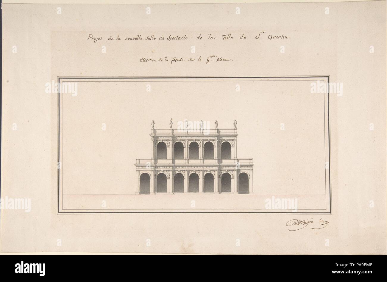 Project for the New Theater at St. Quentin (Aisne) - Elevation. Architect: Designed by Emile-Jacques Gilbert (French, 1793-1874); Designed by Louis Baptiste Gilbert (French). Dimensions: 11.5 x 6.75 in.  (29.2 x 17.1 cm). Date: ca. 1841. Museum: Metropolitan Museum of Art, New York, USA. Stock Photo