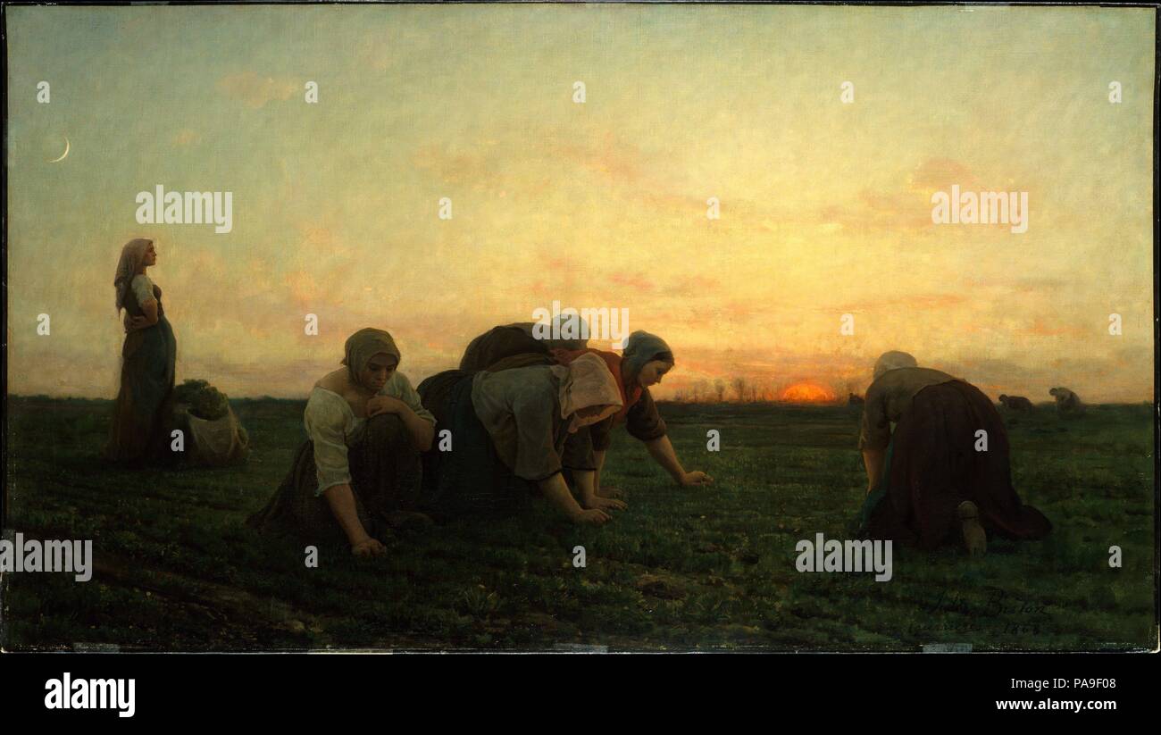 The Weeders. Artist: Jules Breton (French, Courrières 1827-1906 Paris). Dimensions: 28 1/8 x 50 1/4 in. (71.4 x 127.6 cm). Date: 1868.  This is a smaller variant of a composition Breton painted in 1860 (Joslyn Art Museum, Omaha) and exhibited to wide acclaim at the Salon of 1861 and the World's Fair of 1867 in Paris. In his autobiography, Breton described this twilight scene of peasants pulling up thistles and weeds--'their faces haloed by the pink transparency of their violet hoods, as if to venerate a fecundating star'--noting that he had discovered the subject as a 'finished picture' near h Stock Photo