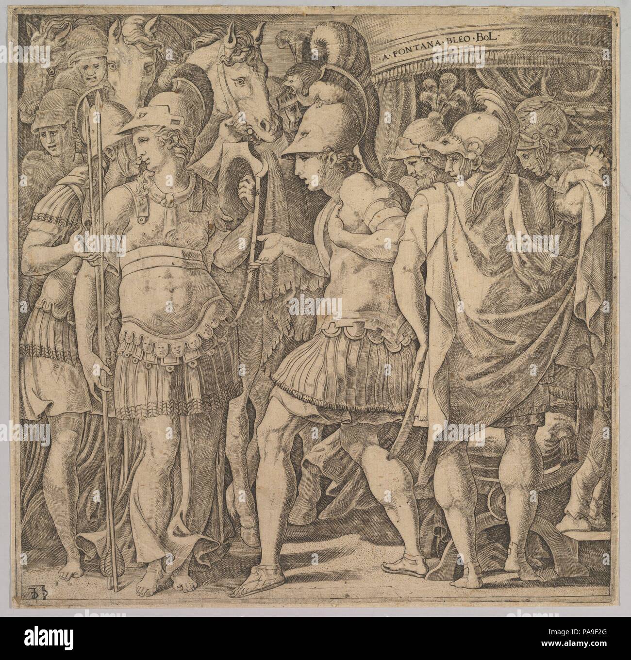 Alexander welcoming Thalestris and the Amazons. Artist: Master FG (Italian, active mid-16th century); After Francesco Primaticcio (Italian, Bologna 1504/5-1570 Paris). Dimensions: sheet: 9 7/16 x 9 7/16 in. (24 x 24 cm). Date: mid-16th century. Museum: Metropolitan Museum of Art, New York, USA. Stock Photo